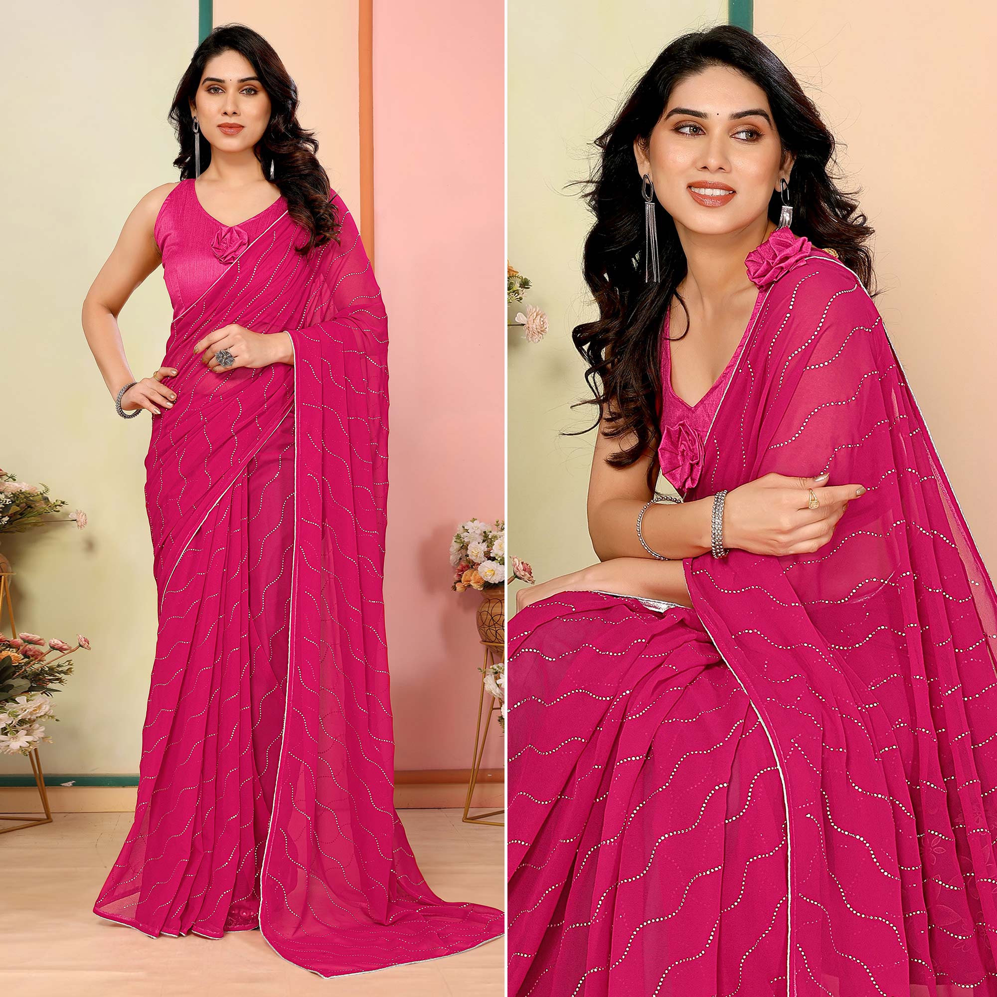 Pink Swarovski Work Embroidered Georgette Saree