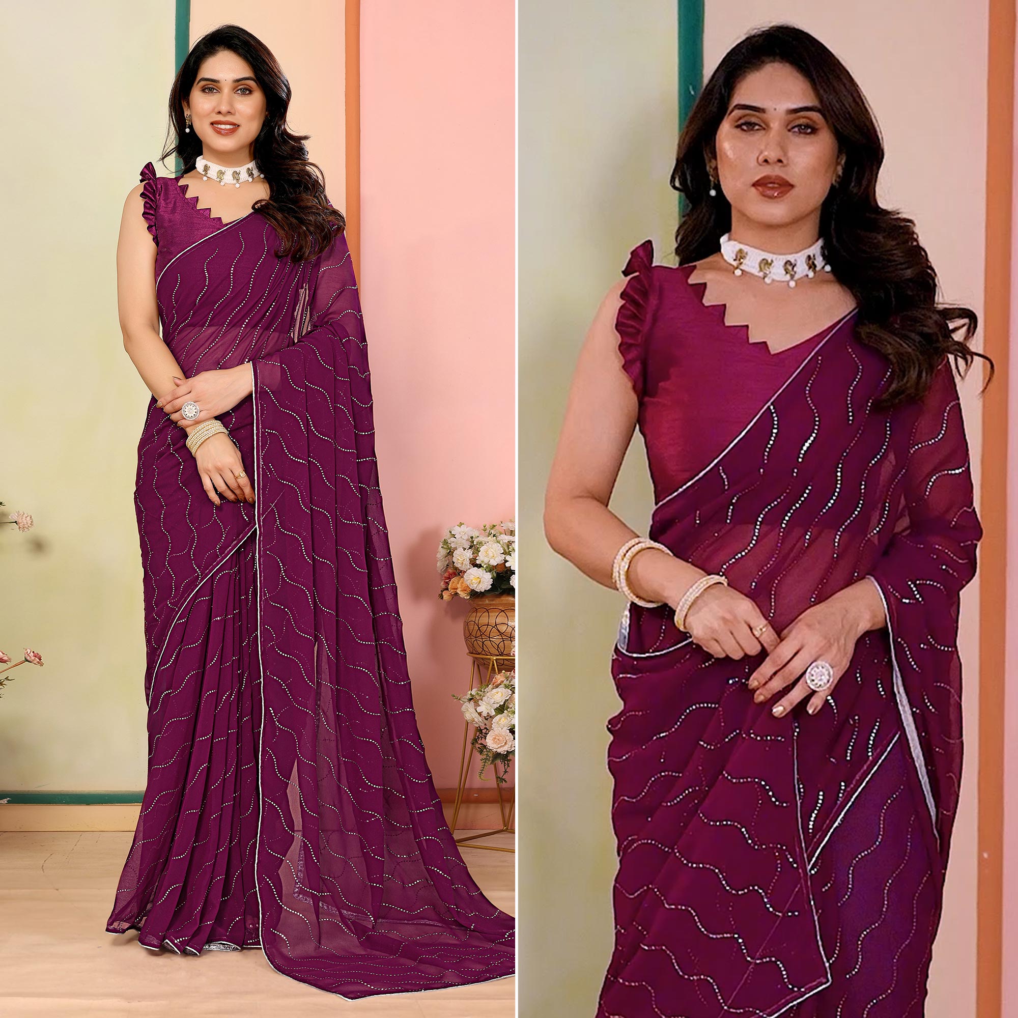 Purple Swarovski Work Embroidered Georgette Saree