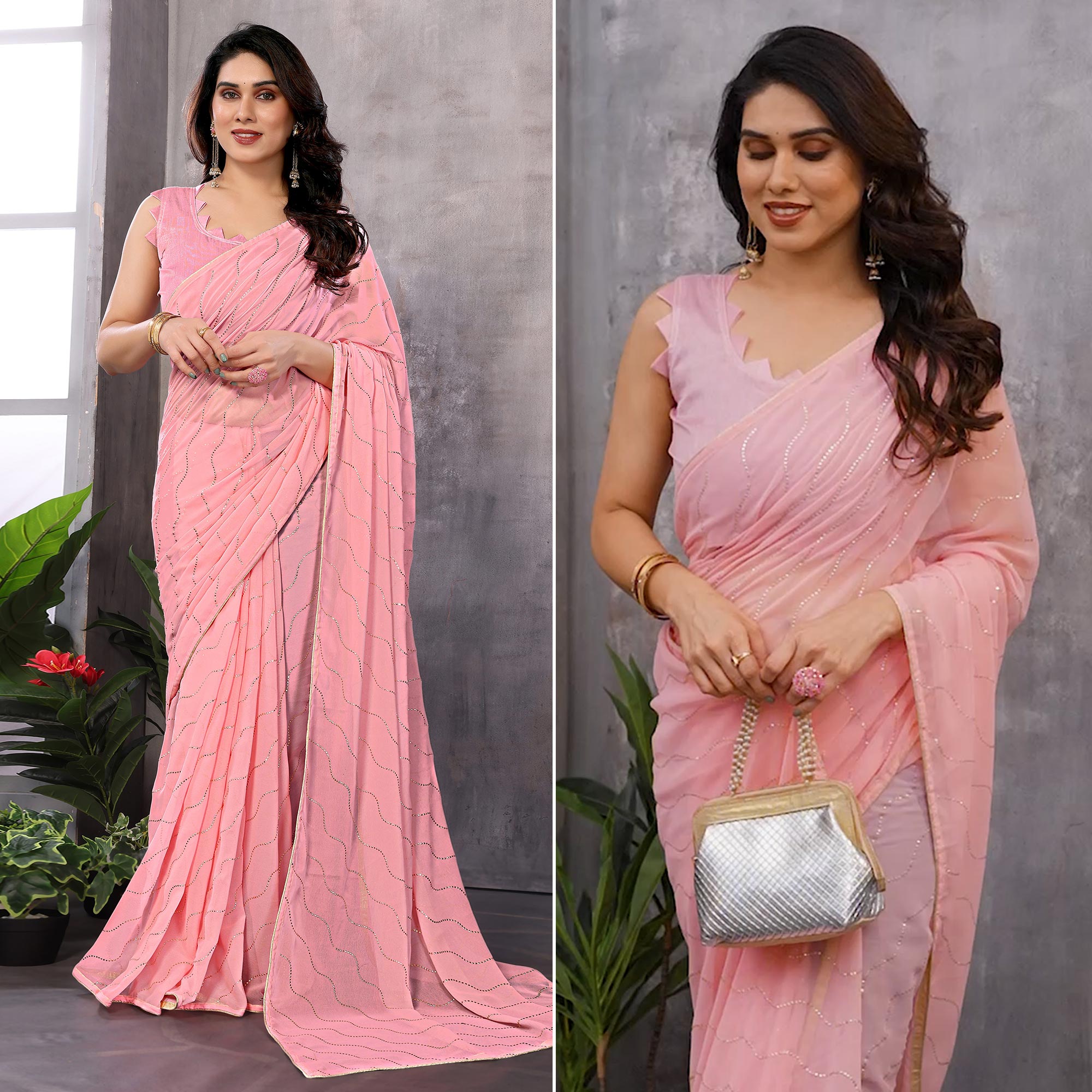 Rose Pink Swarovski Work Embroidered Georgette Saree