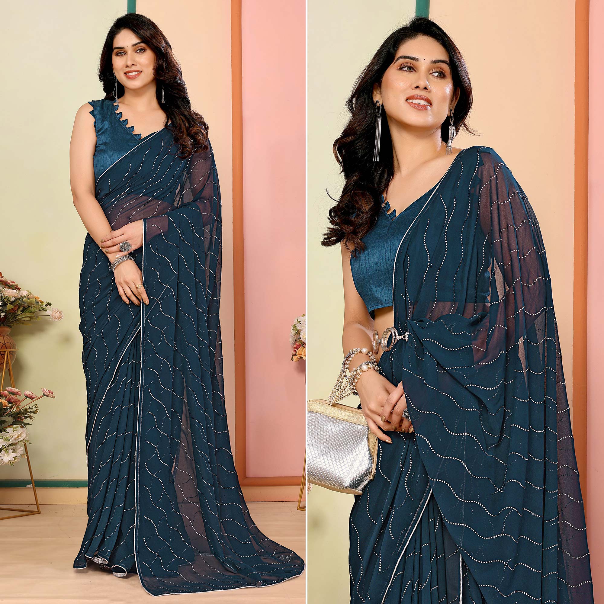Teal Swarovski Work Embroidered Georgette Saree