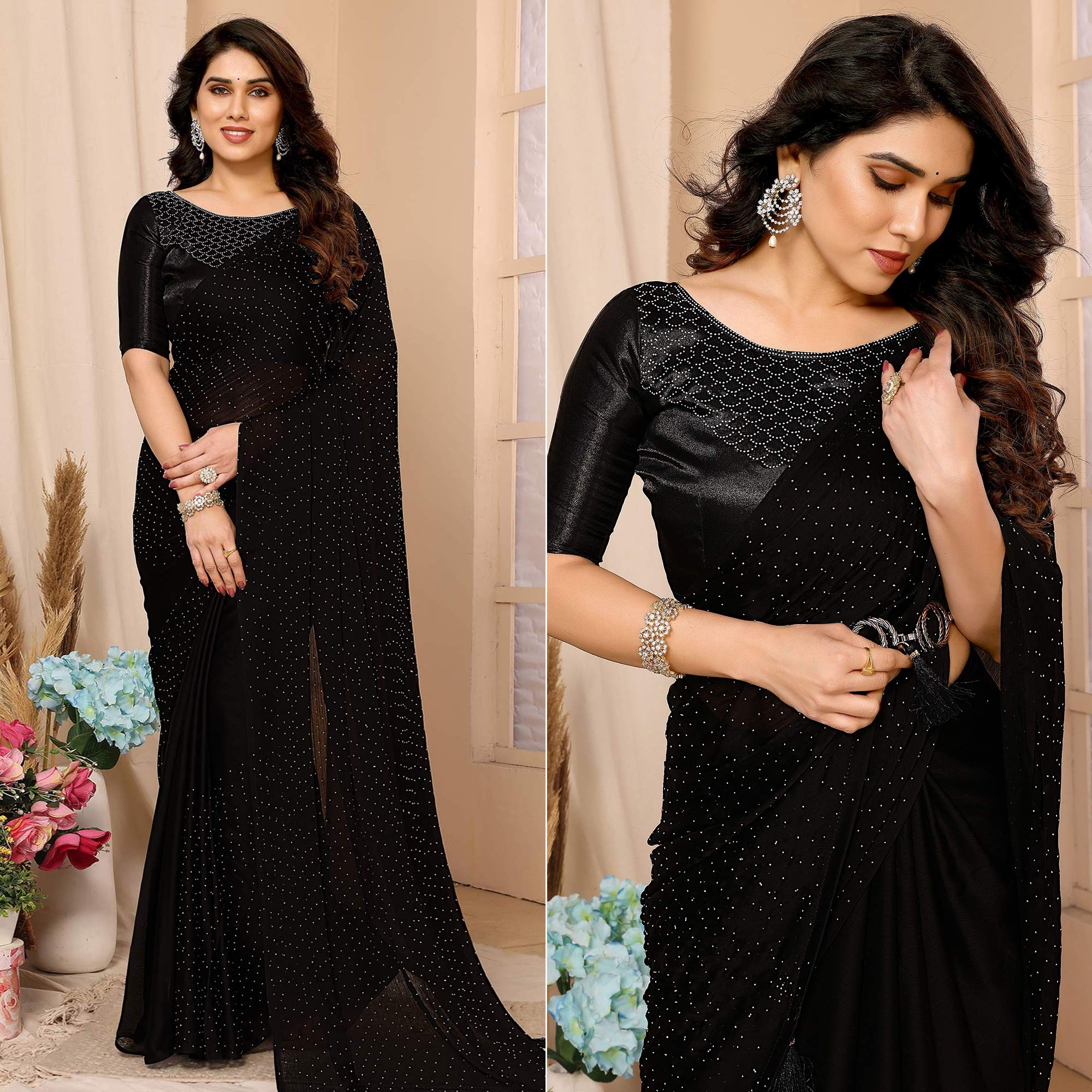 Black Swarovski Work Satin Chiffon Saree With Tassels