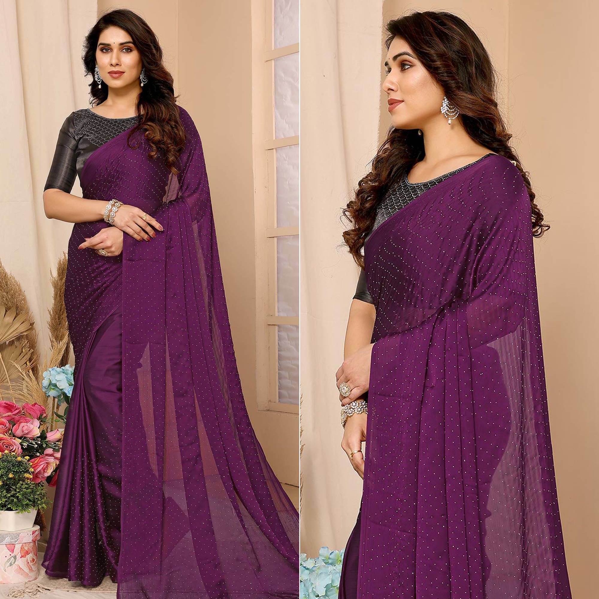 Purple Swarovski Work Satin Chiffon Saree With Tassels