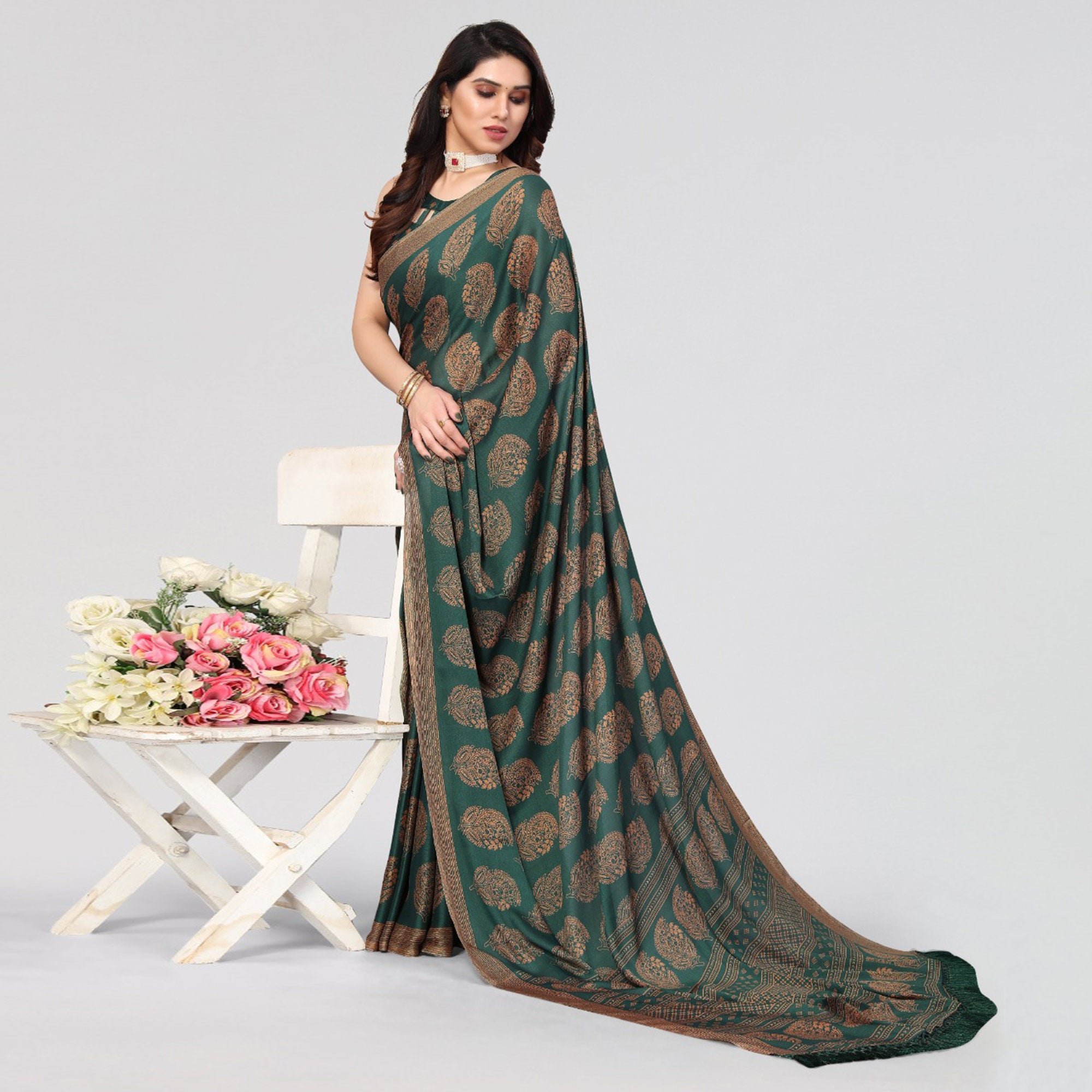 Bottle Green Floral Printed Satin Silk Saree