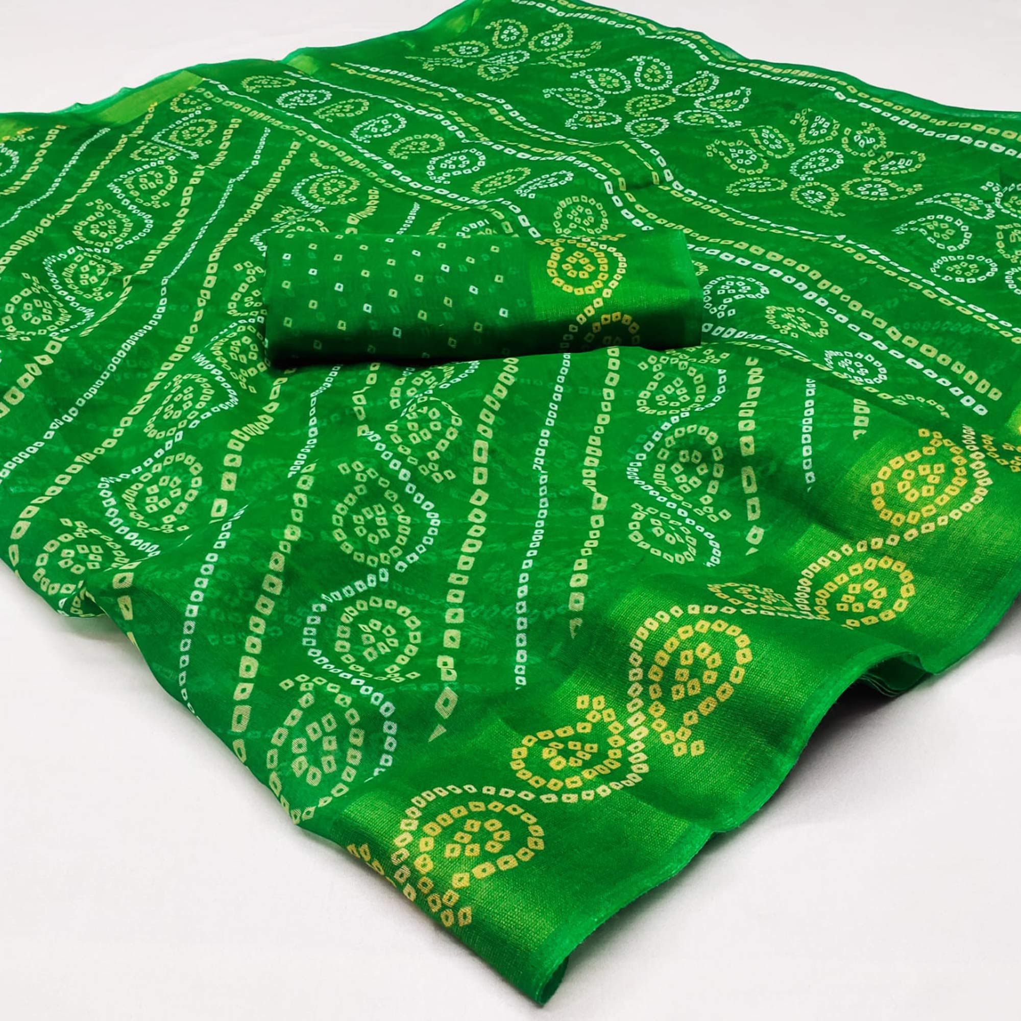 Green Bandhani Printed Cotton Blend Saree