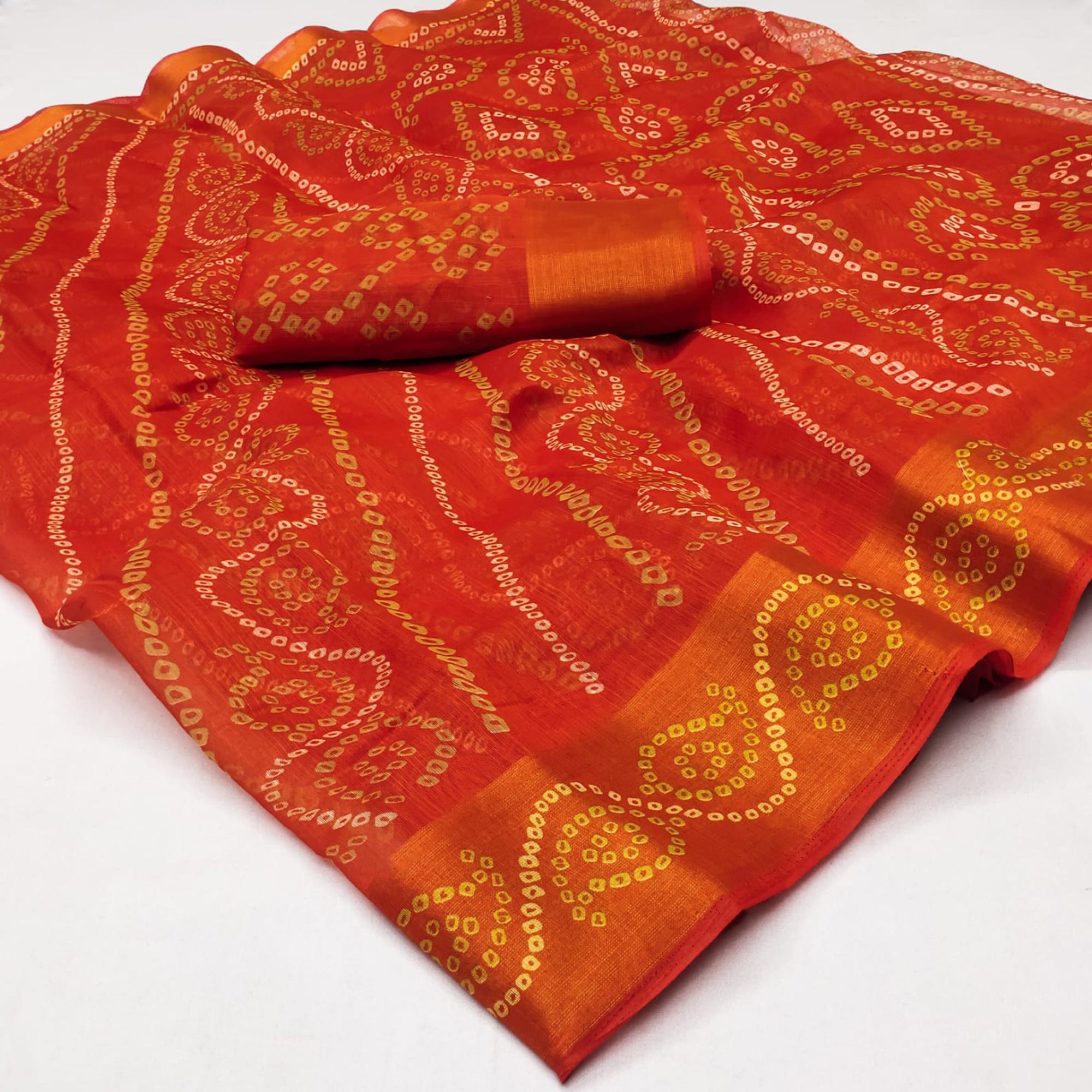 Orange Bandhani Printed Cotton Blend Saree