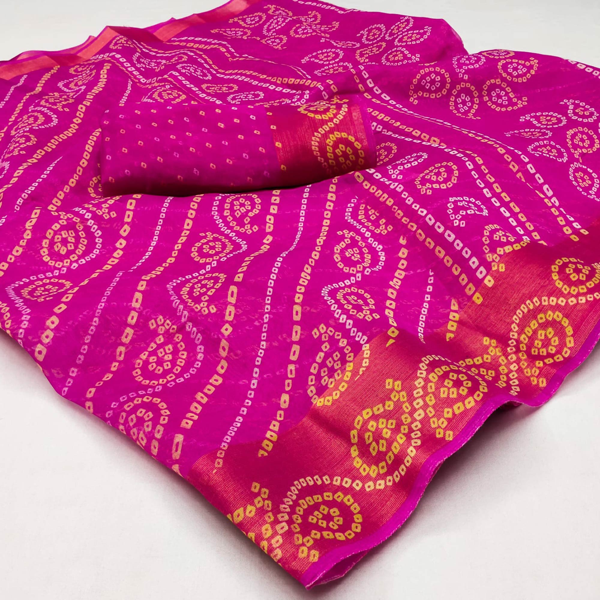 Pink Bandhani Printed Cotton Blend Saree