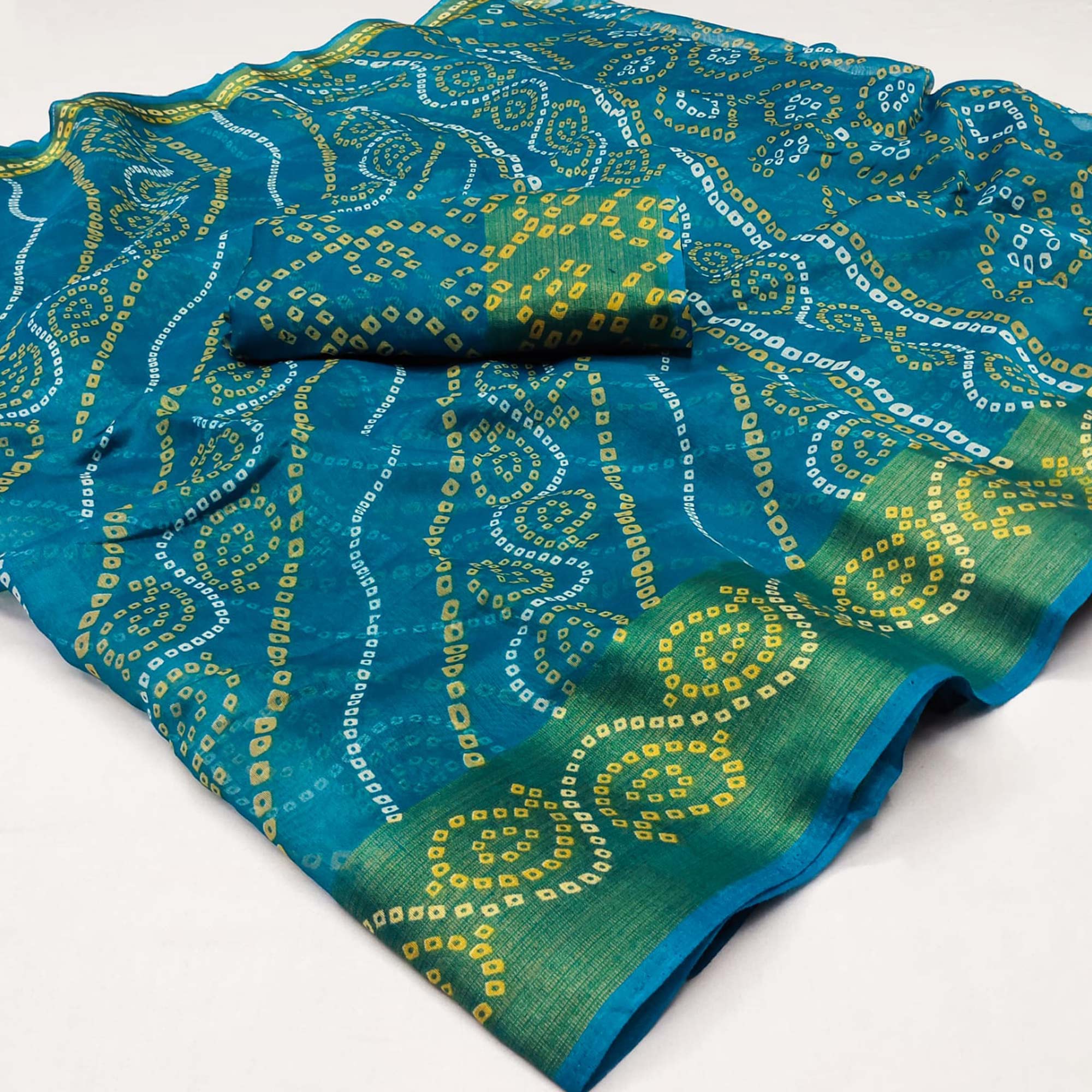 Teal Blue Bandhani Printed Cotton Blend Saree