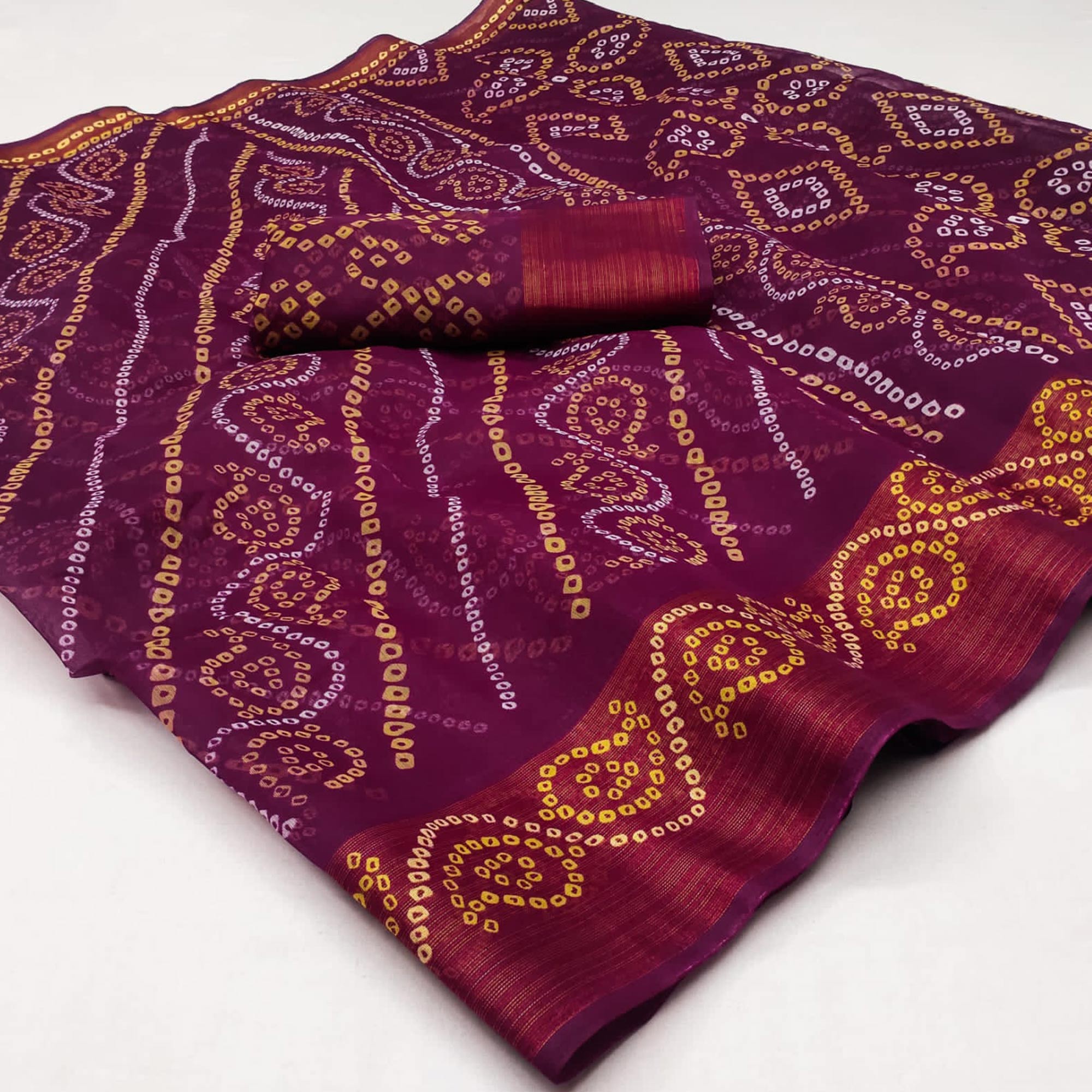 Wine Bandhani Printed Cotton Blend Saree