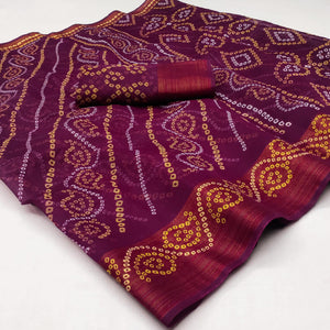 Wine Bandhani Printed Cotton Blend Saree