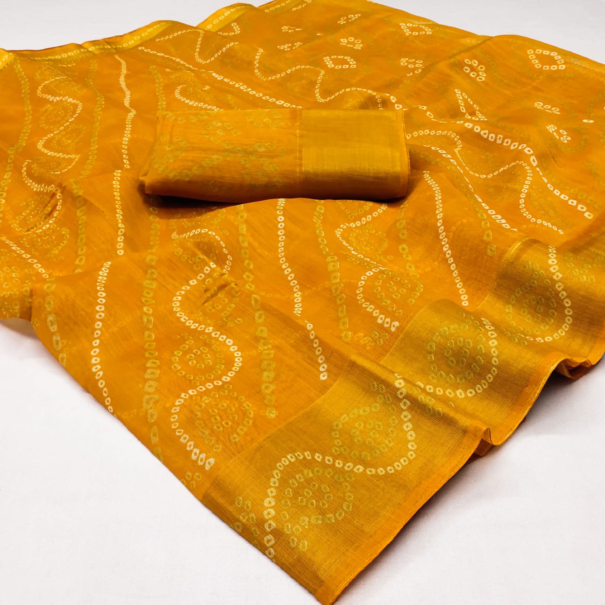 Yellow Bandhani Printed Cotton Blend Saree