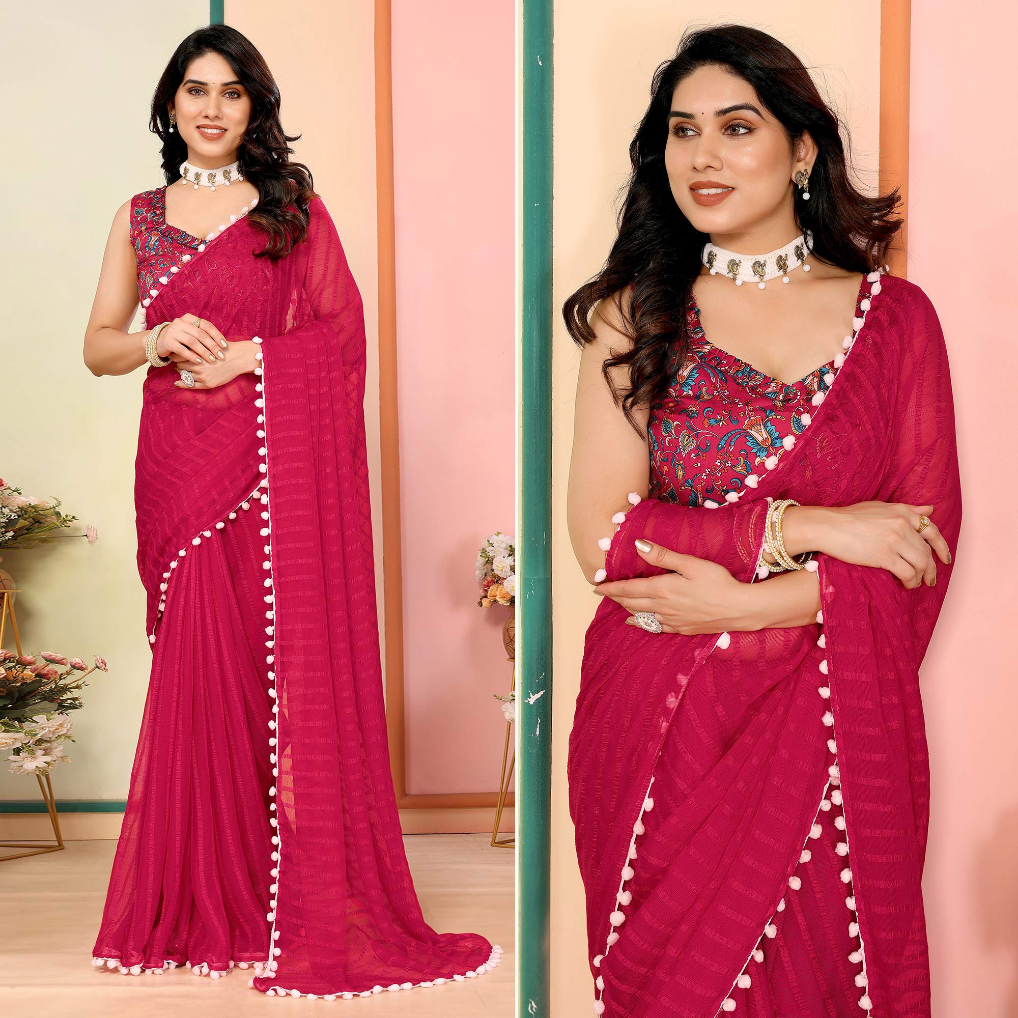 Pink Woven Striped Pattern Georgette Saree