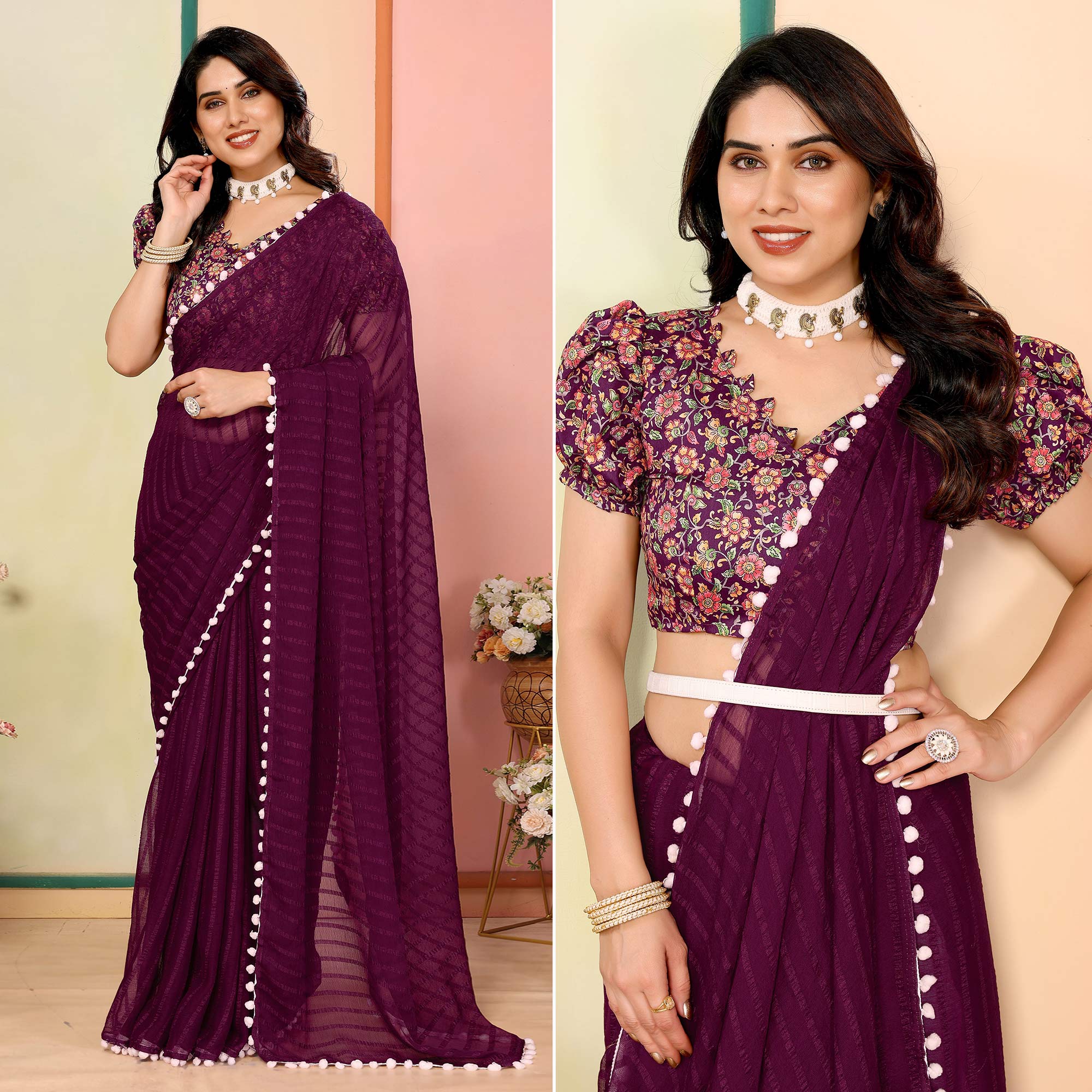 Purple Woven Striped Pattern Georgette Saree
