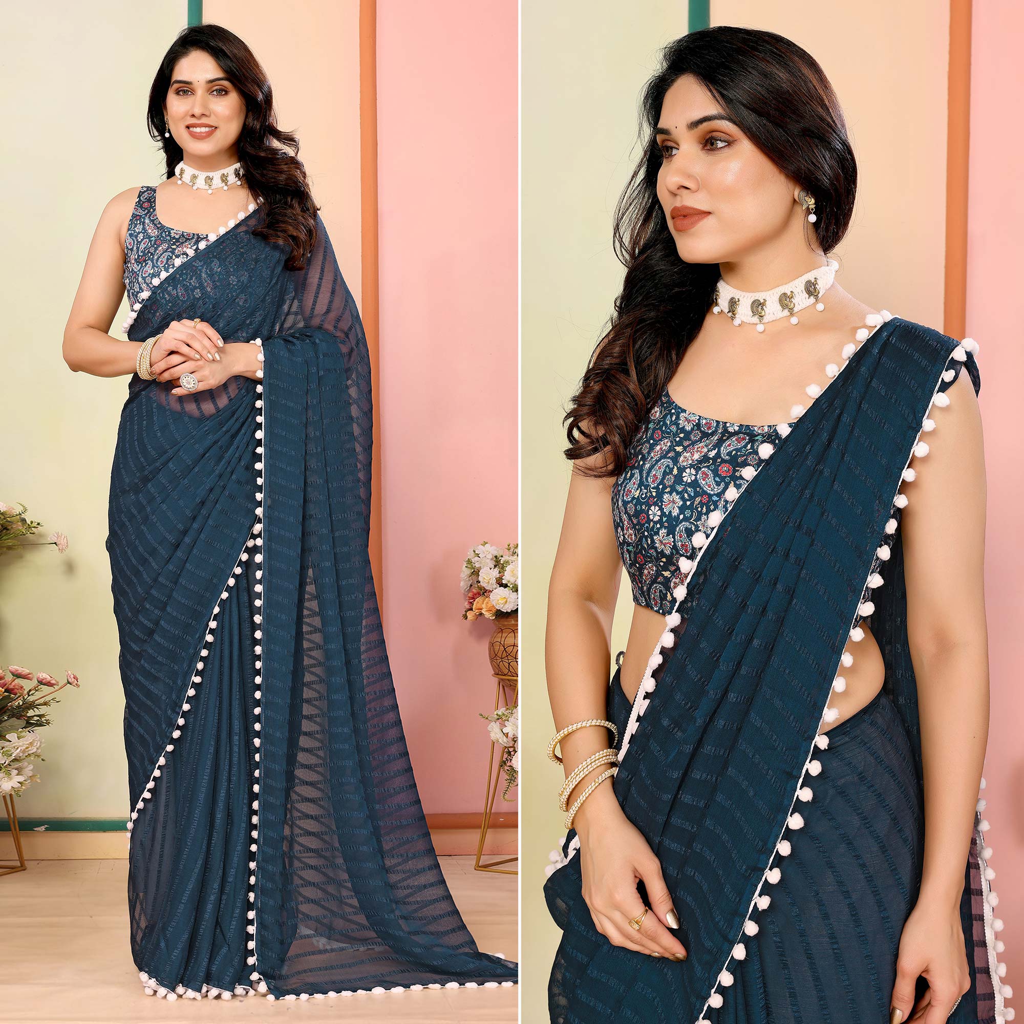 Teal Woven Striped Pattern Georgette Saree