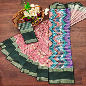 Baby Pink Floral Digital Printed Cotton Silk Saree