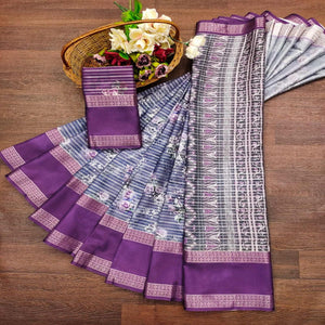 Purple Floral Digital Printed Cotton Silk Saree