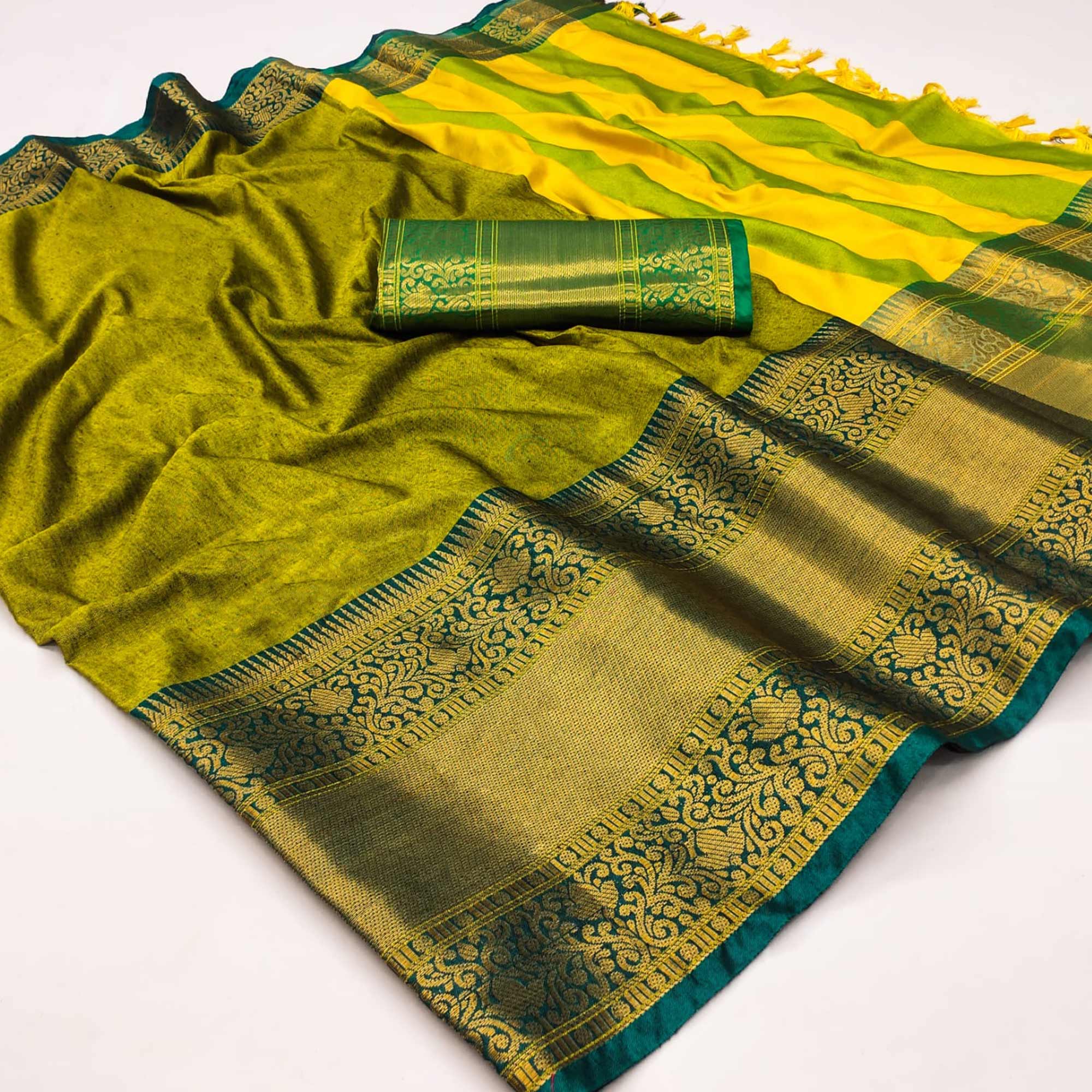 Lemon Green Woven Cotton Silk Saree With Tassels