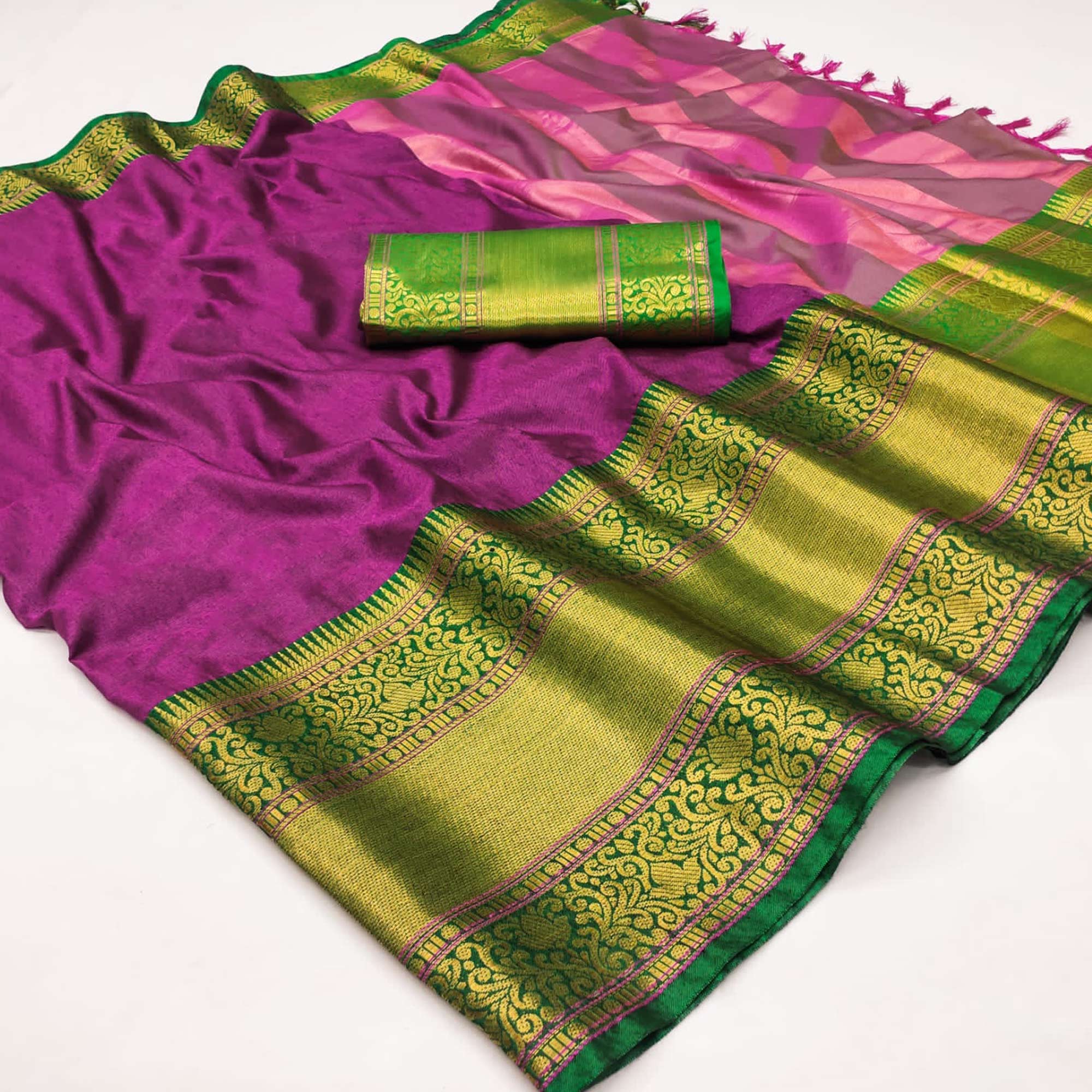 Magenta Woven Cotton Silk Saree With Tassels