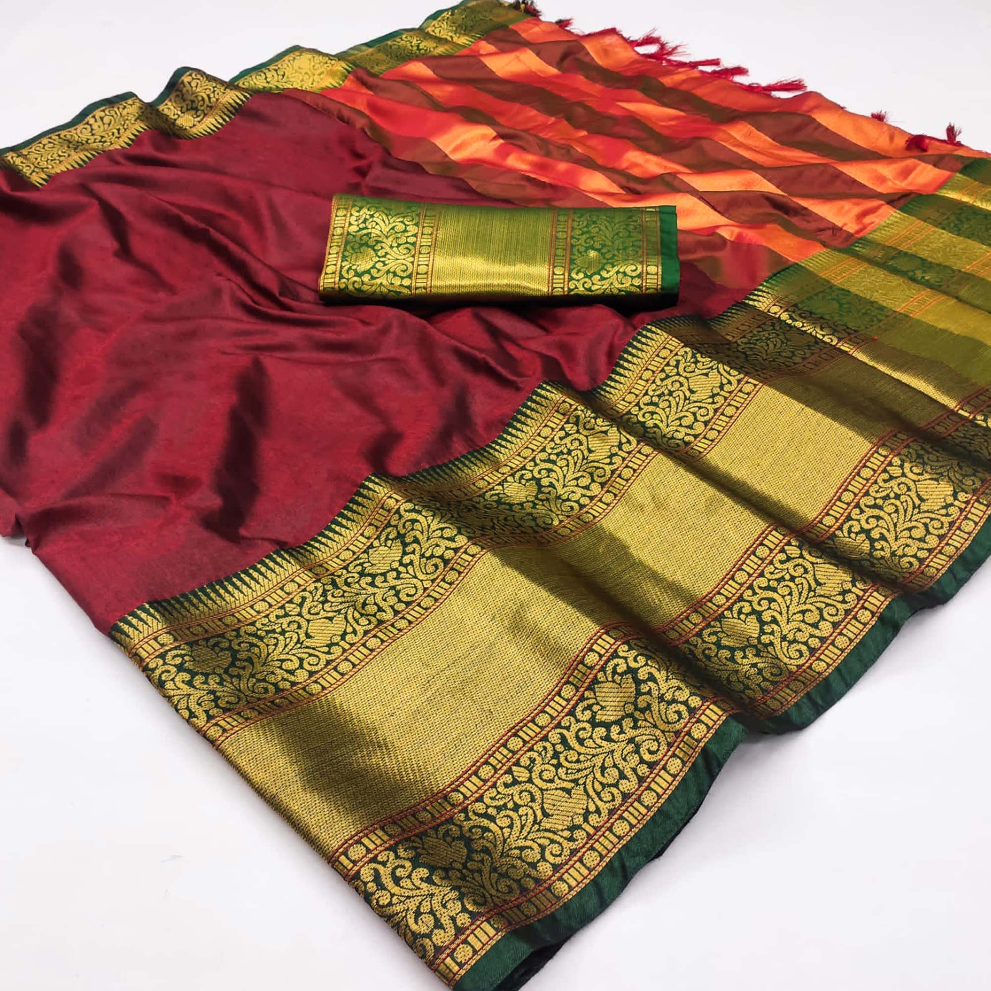 Maroon Woven Cotton Silk Saree With Tassels