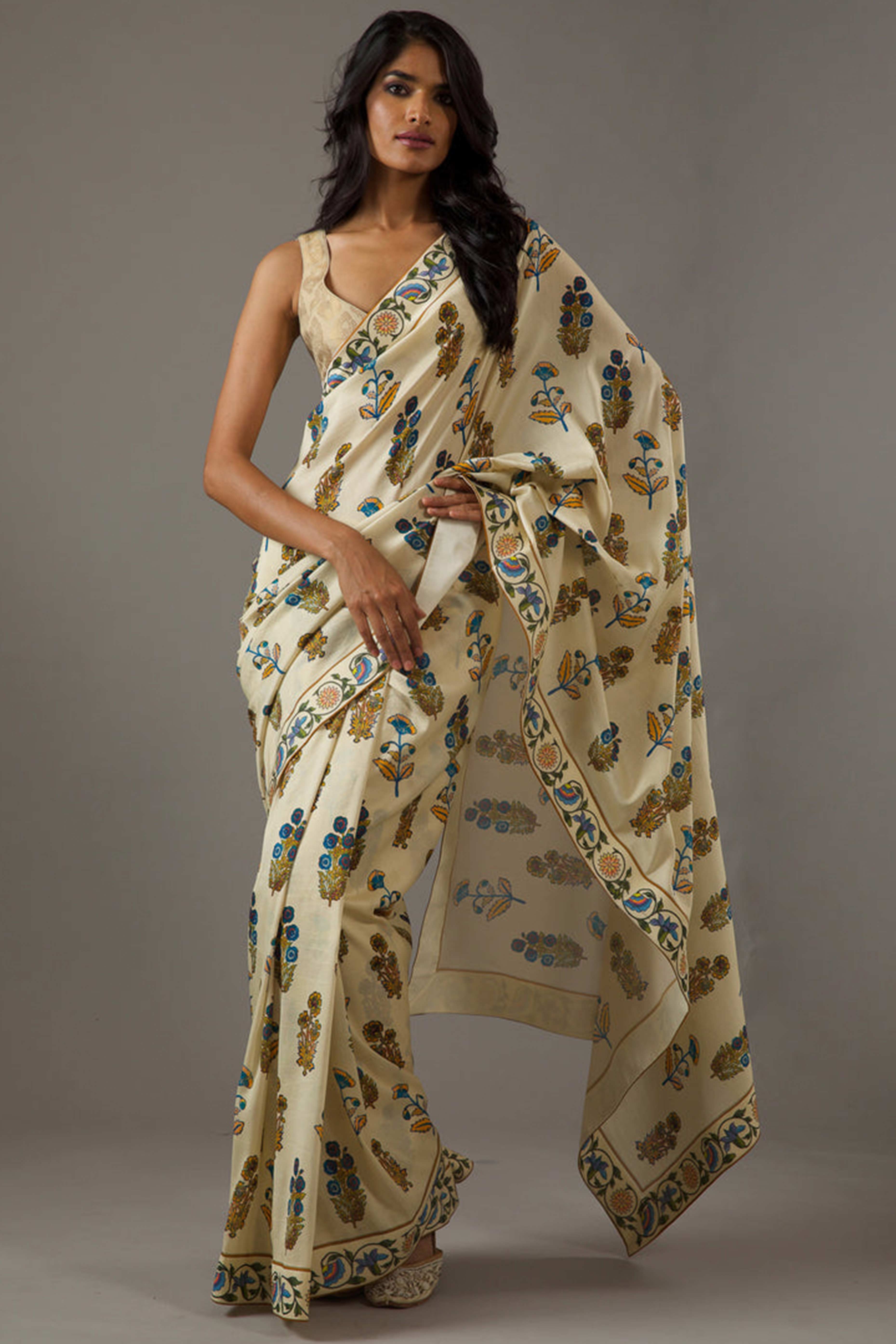 Beige Floral Digital Printed Moss Satin Saree