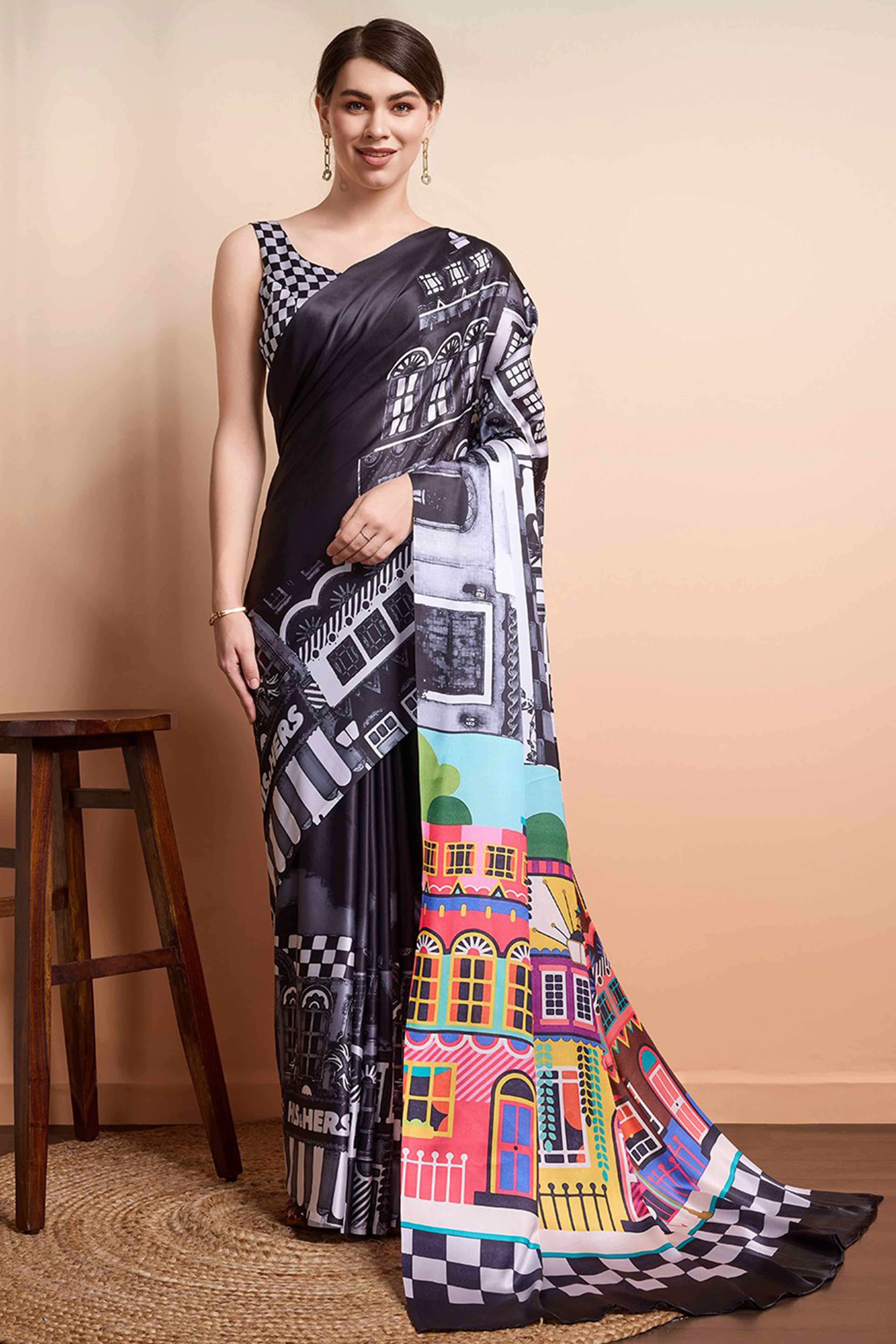 Black Moss Satin Saree With Exquisite Digital Print Artistry