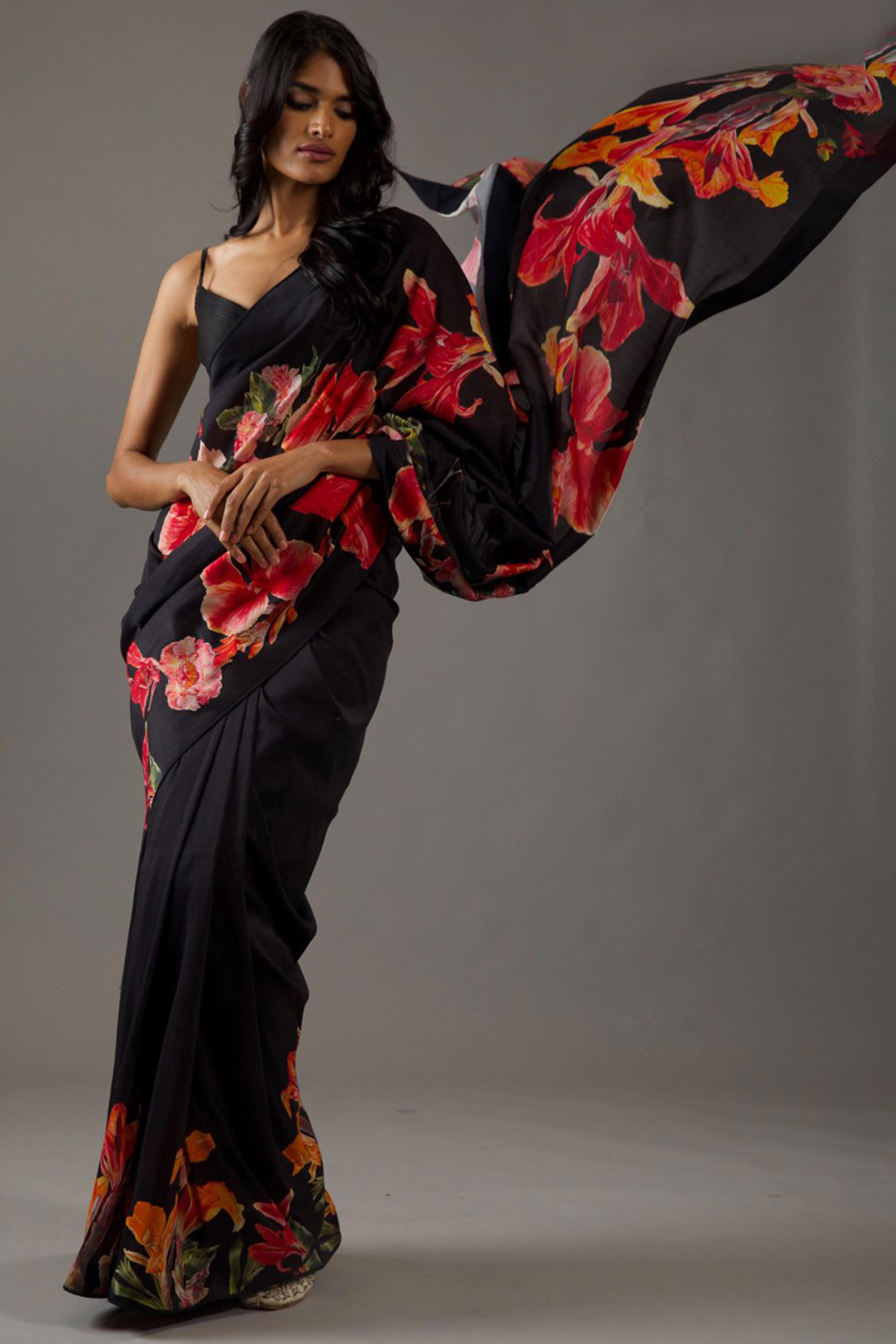 Black Floral Digital Printed Moss Satin Saree