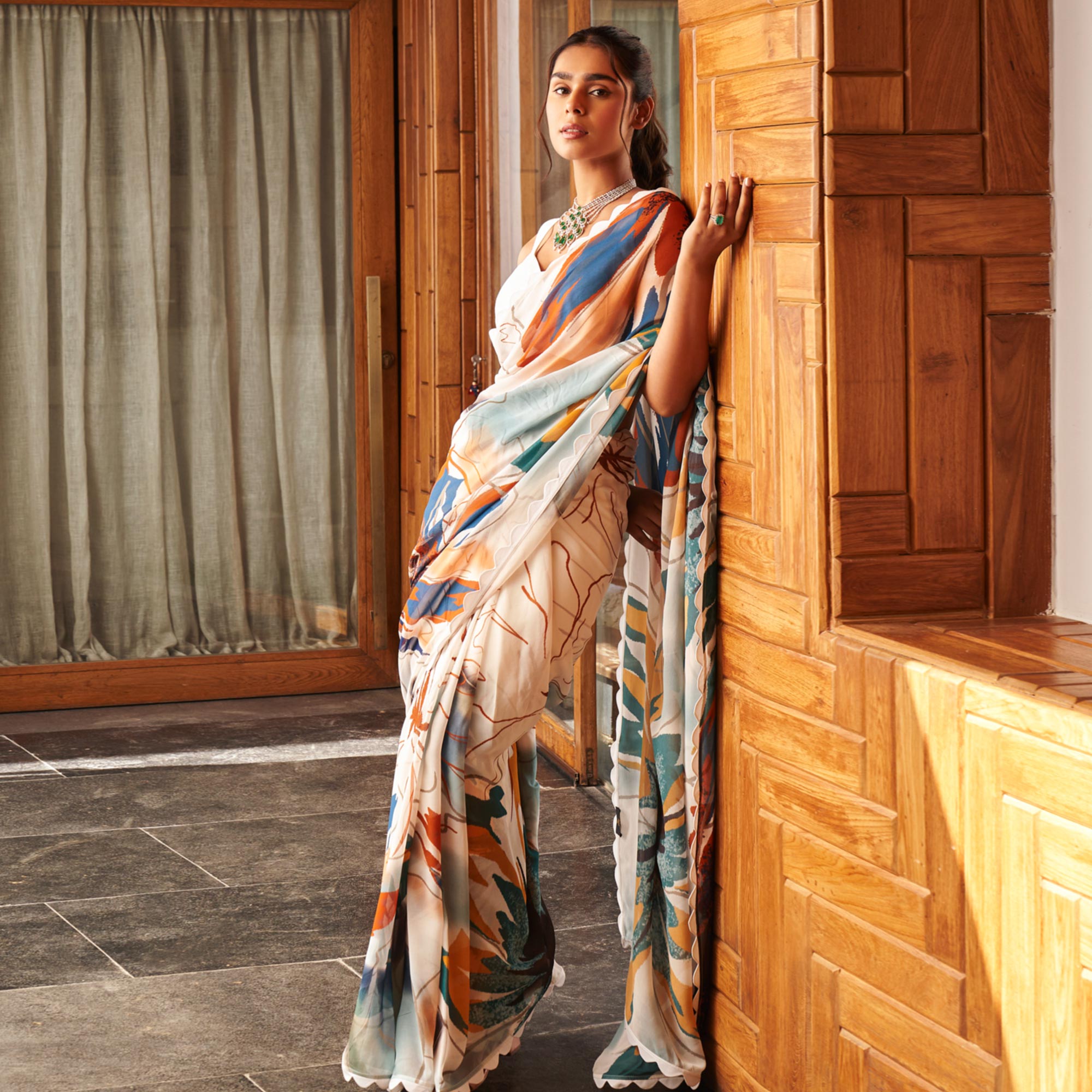 Off white Printed Moss Satin Saree