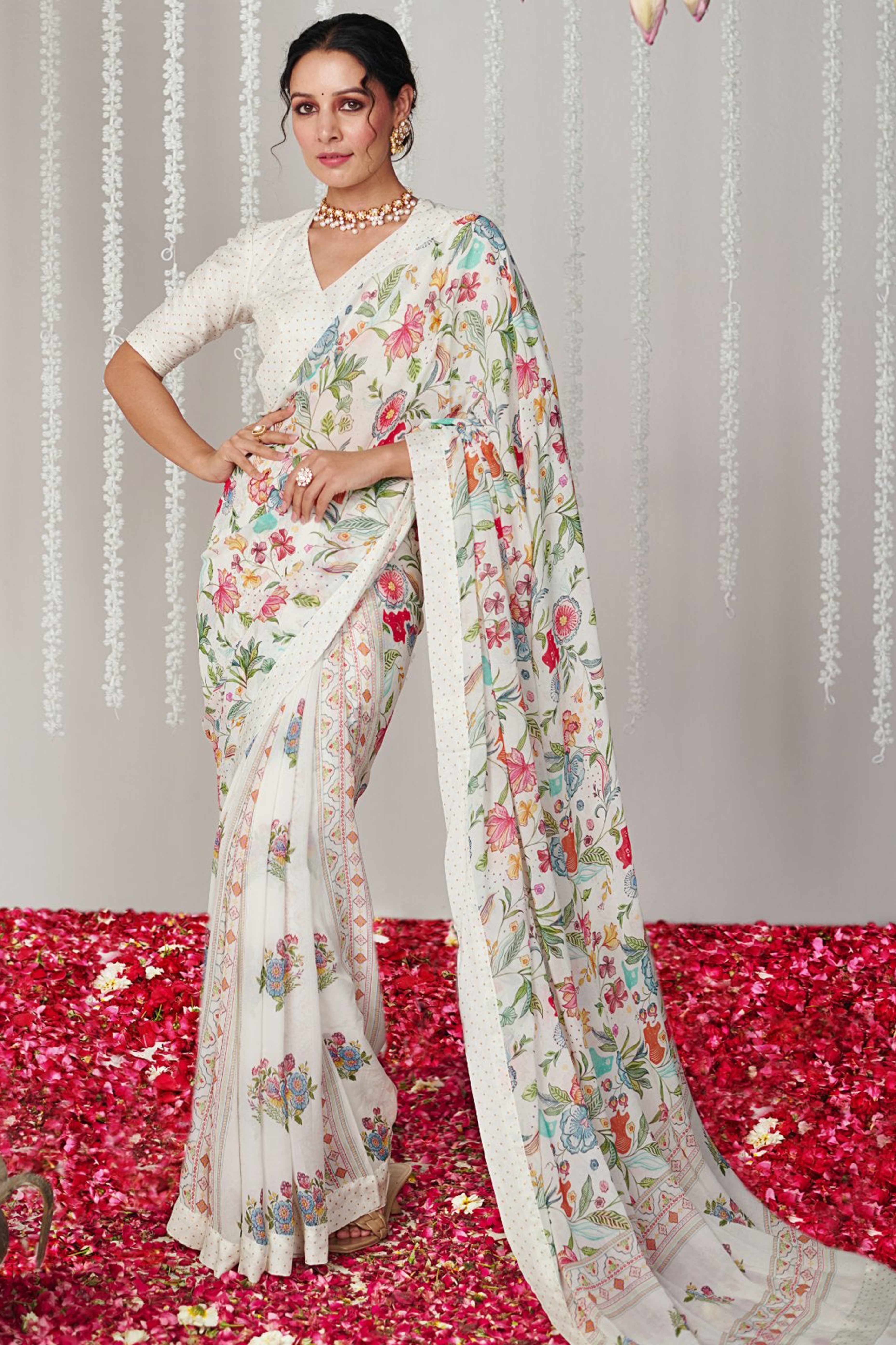 White Floral Digital Printed Moss Satin Saree