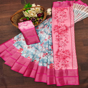 Blue Floral Digital Printed Cotton Silk Saree