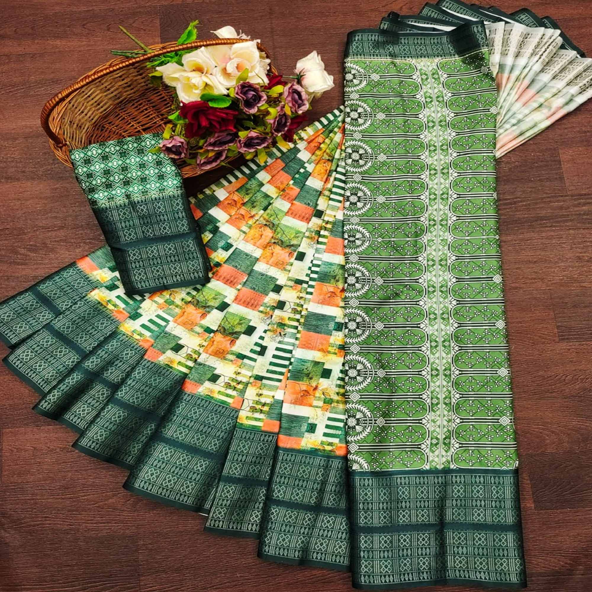 Bottle Green Floral Digital Printed Cotton Silk Saree