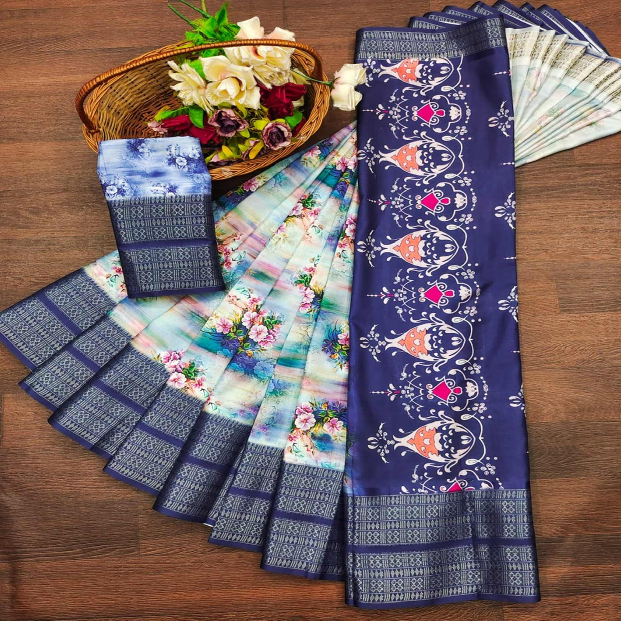 Navy Blue Floral Digital Printed Cotton Silk Saree