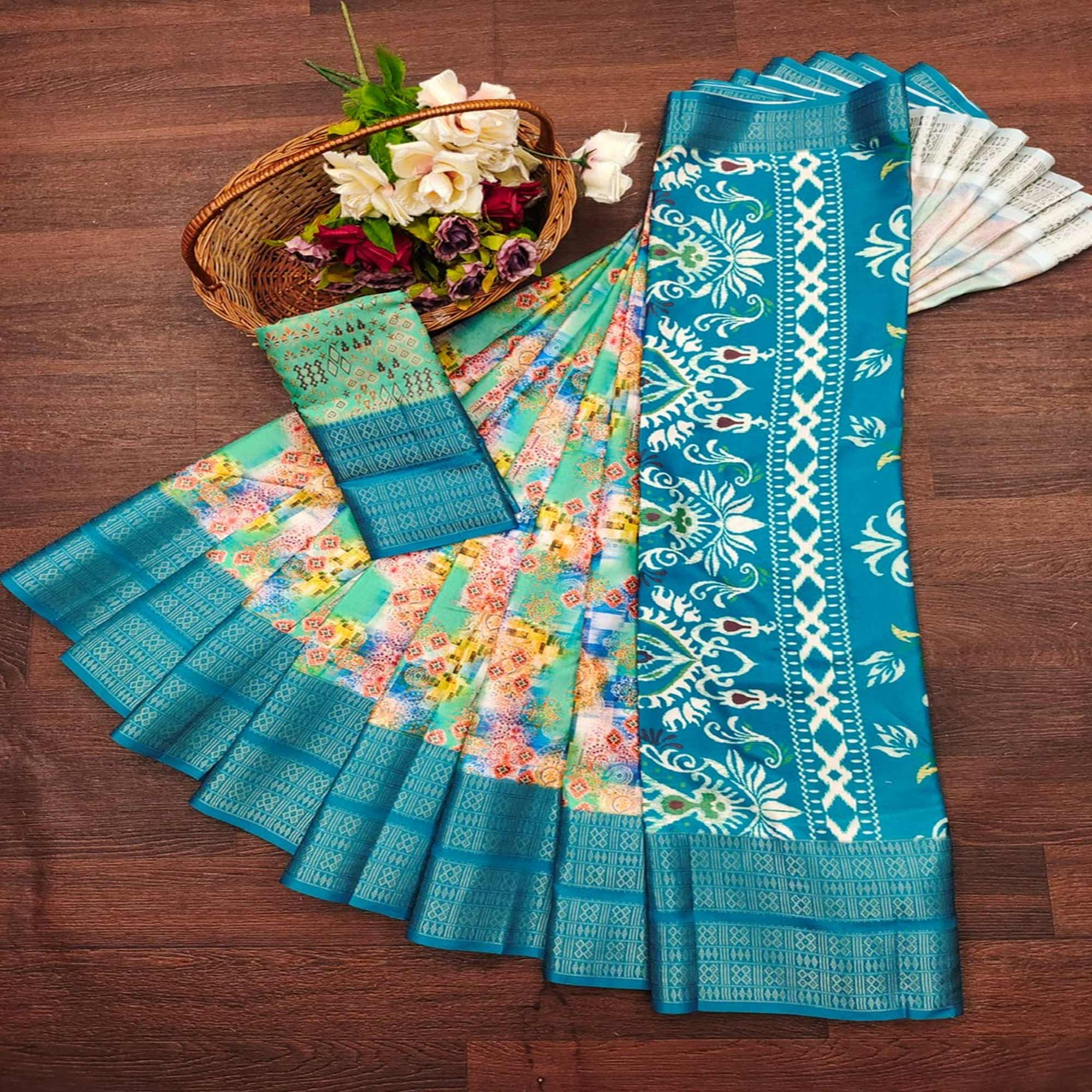 Teal Blue Floral Digital Printed Cotton Silk Saree