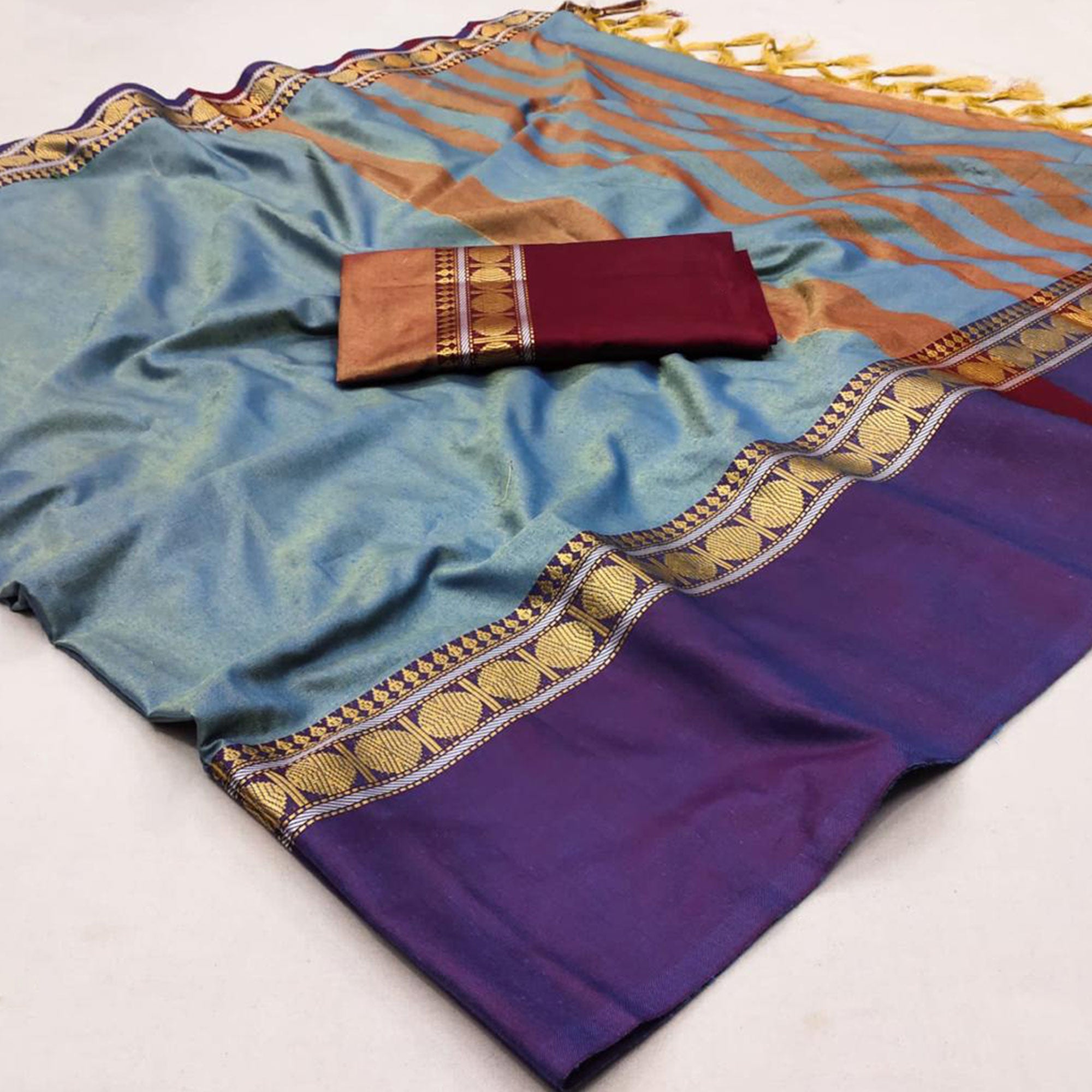 Blue Woven Cotton Silk Saree With Tassels
