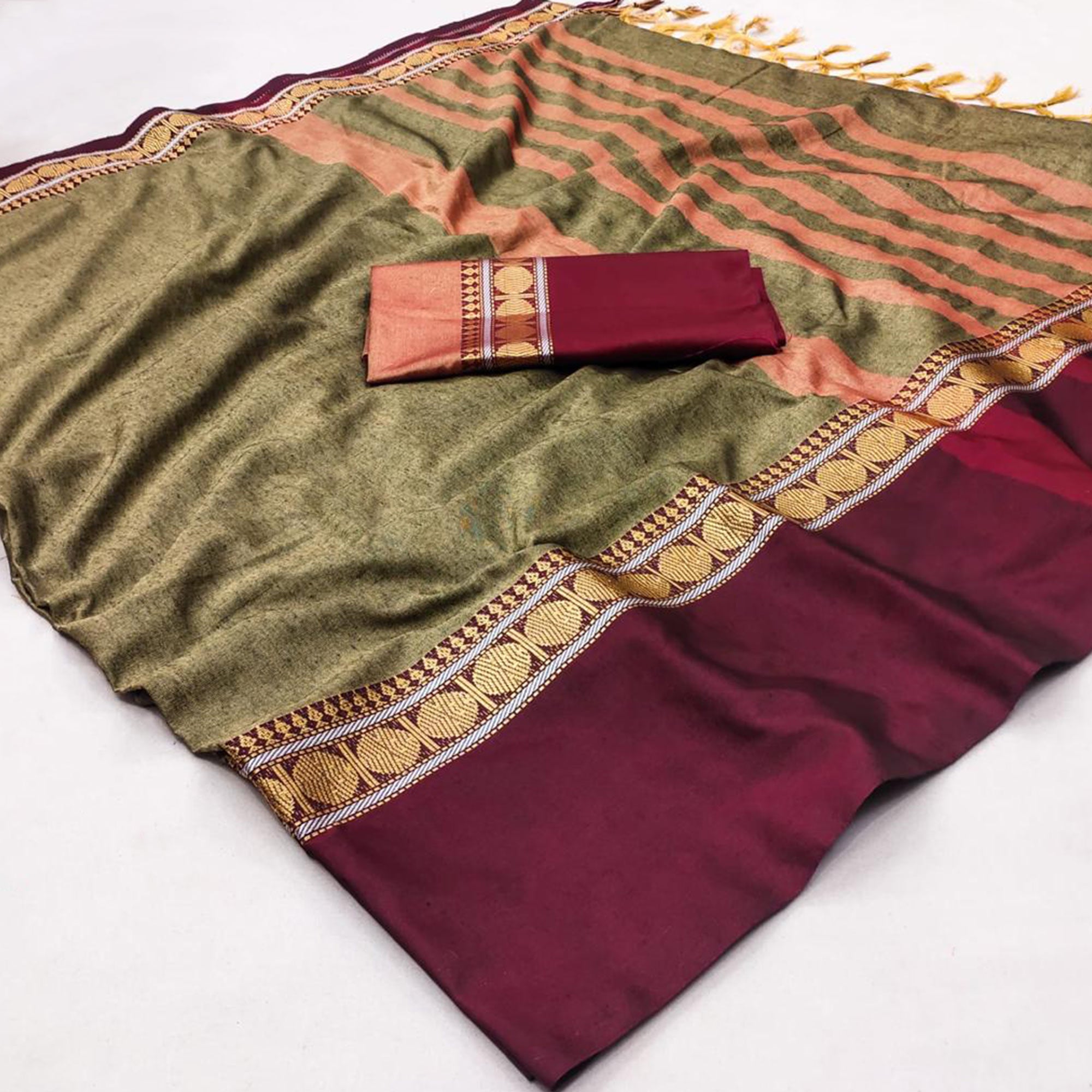 Chikoo Woven Cotton Silk Saree With Tassels