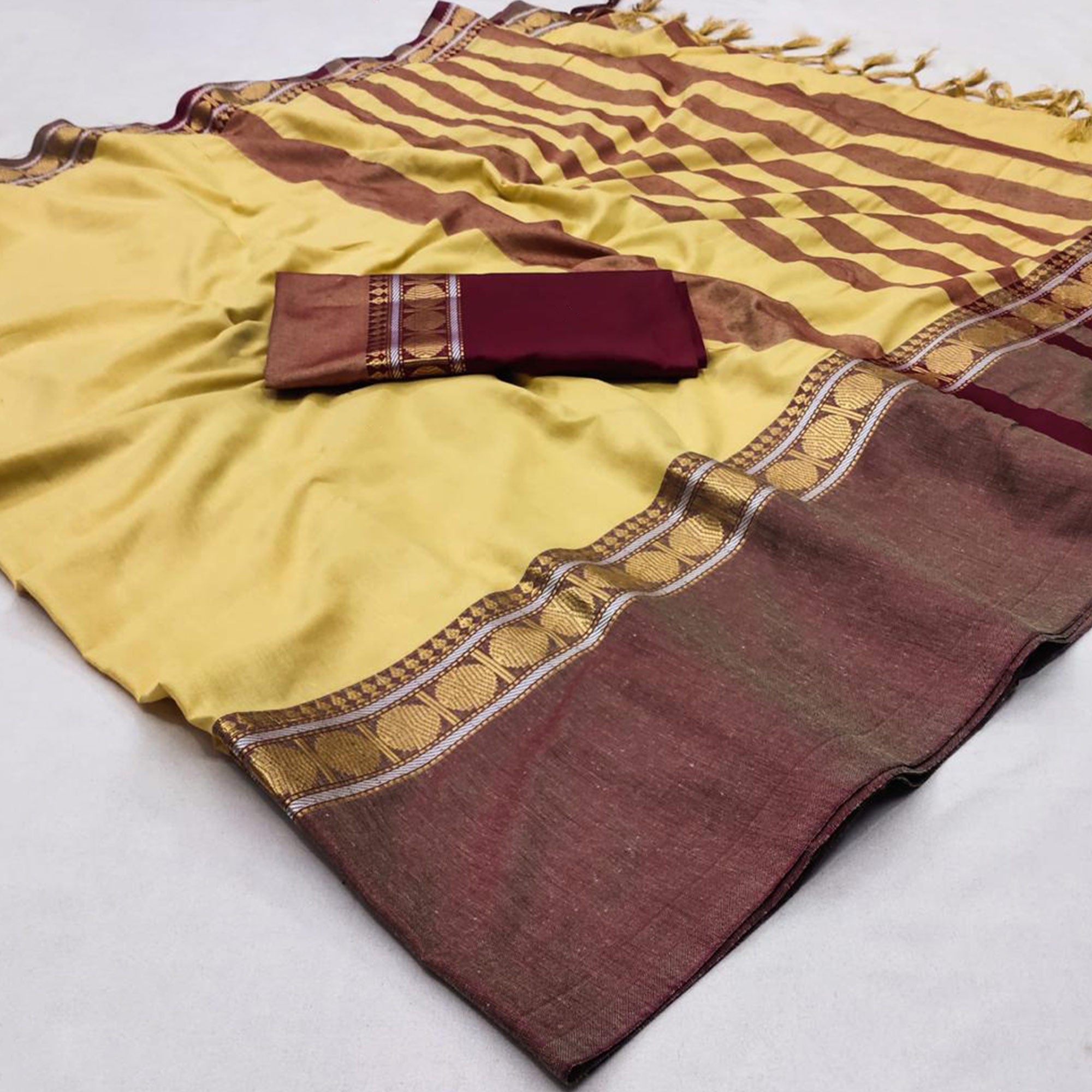 Cream Woven Cotton Silk Saree With Tassels