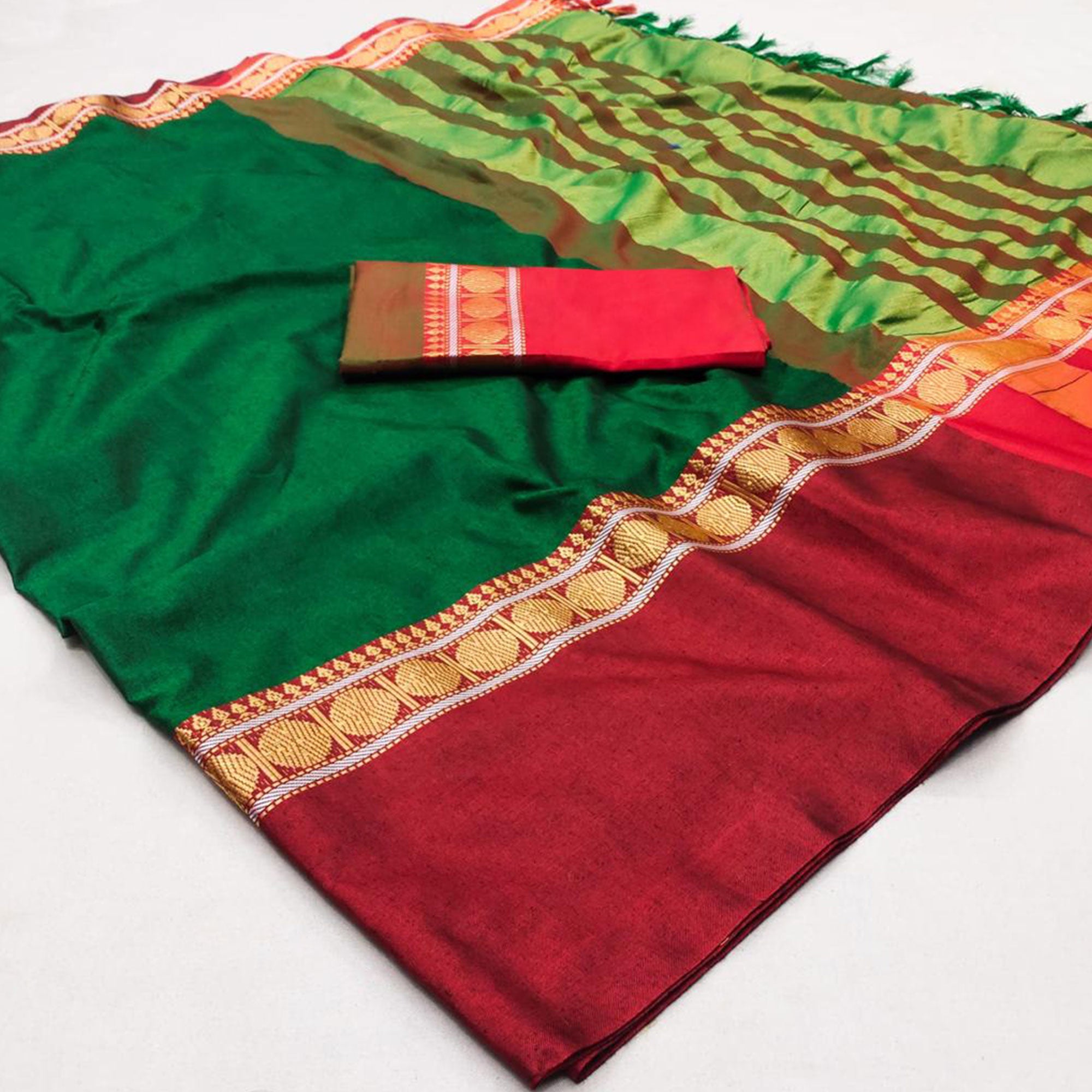 Dark Green Woven Cotton Silk Saree With Tassels