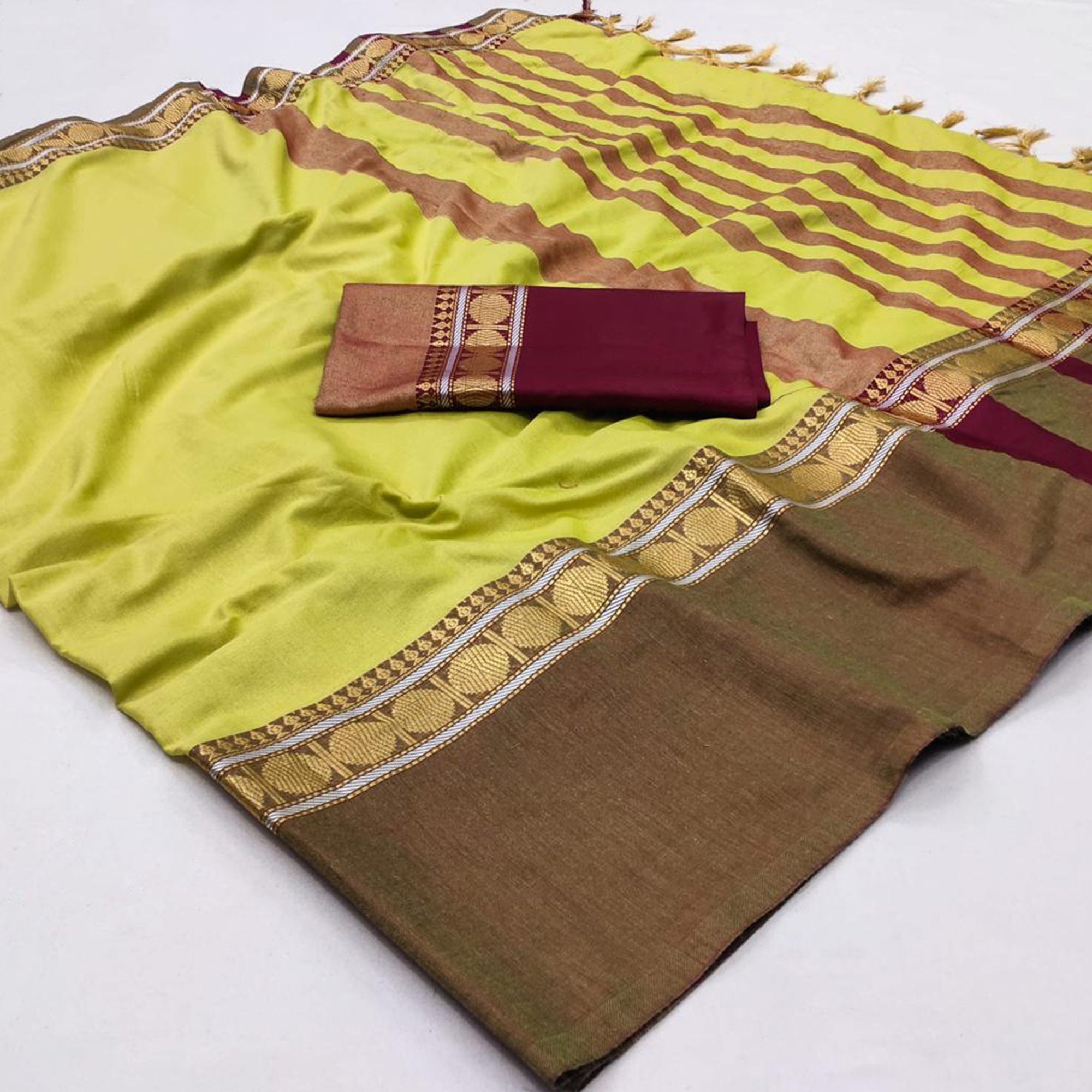 Light Green Woven Cotton Silk Saree With Tassels