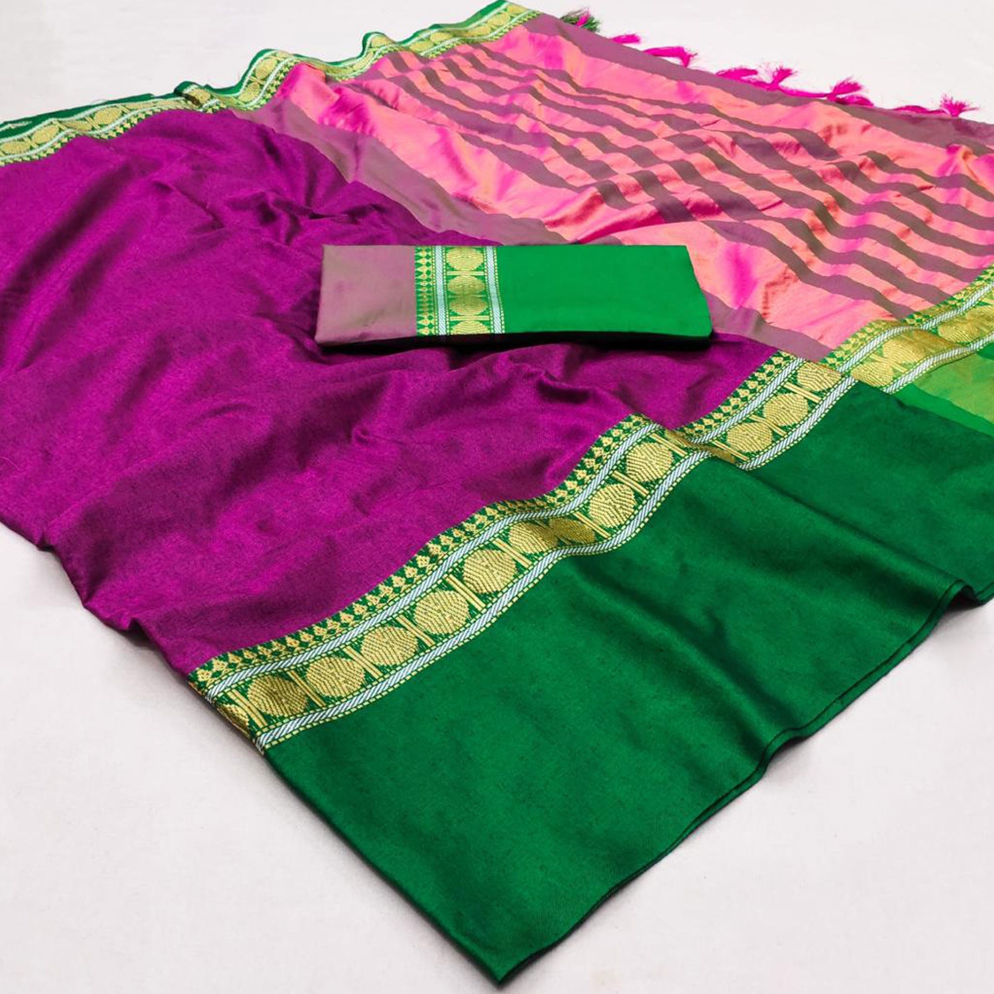 Magenta Woven Cotton Silk Saree With Tassels