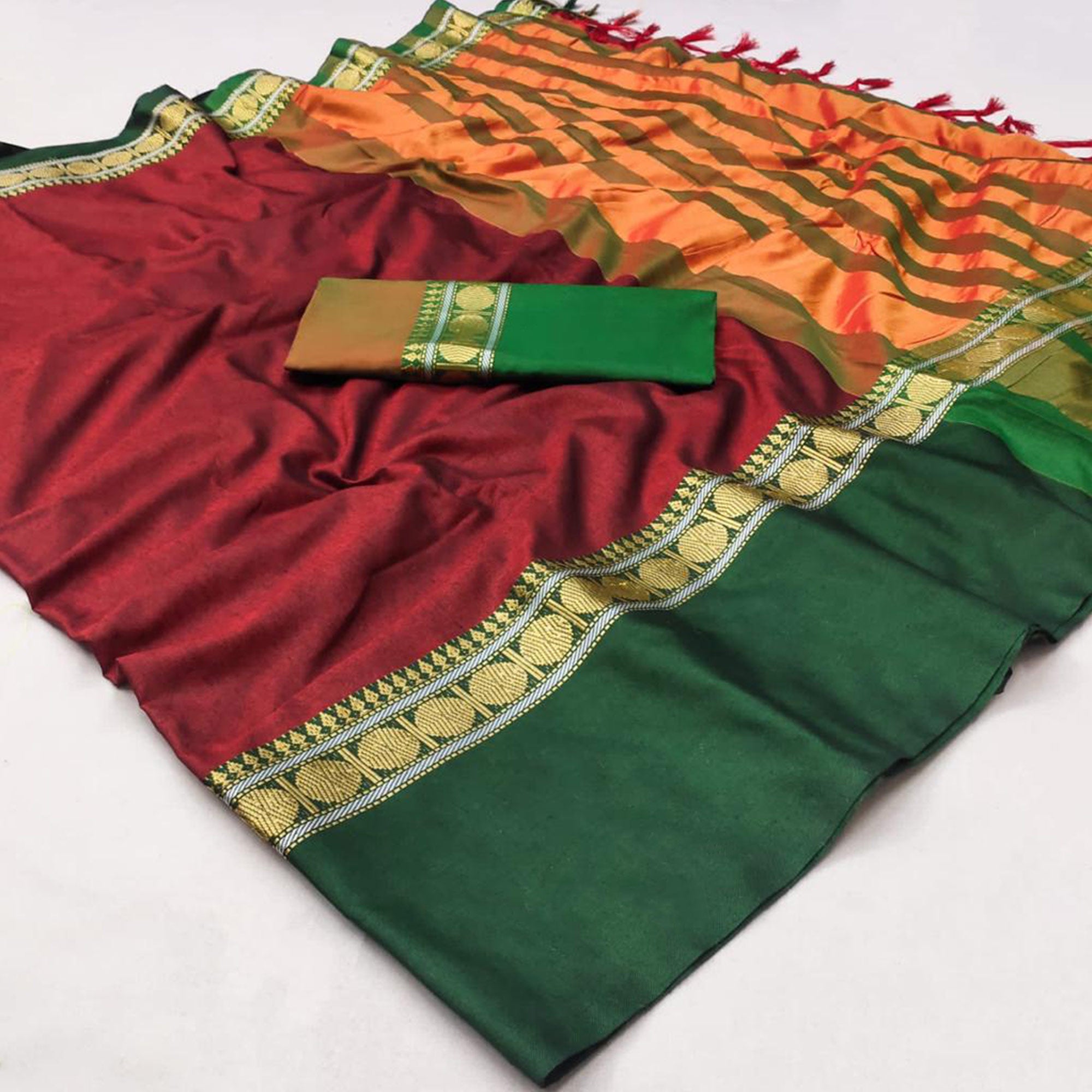 Maroon Woven Cotton Silk Saree With Tassels