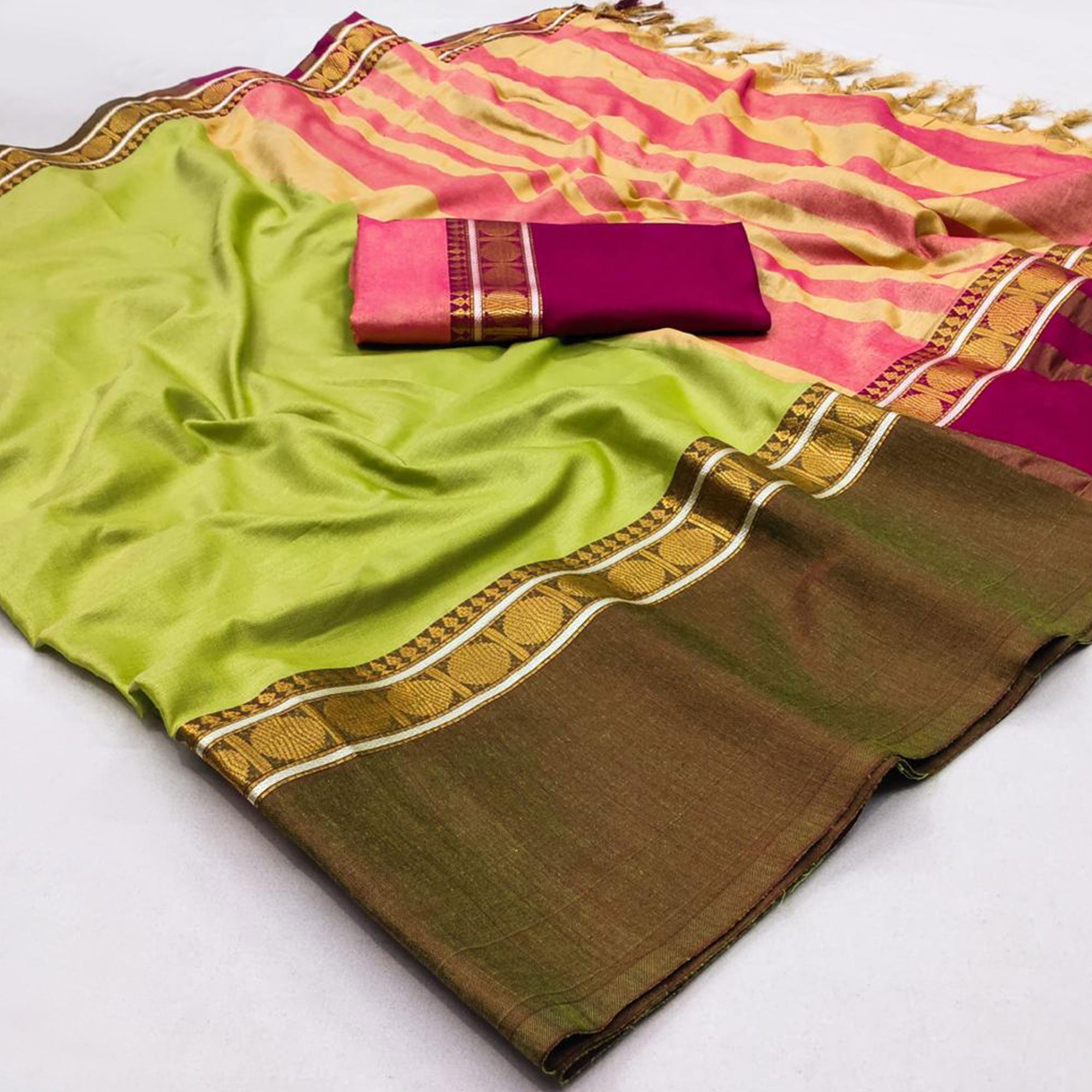 Mint Green Woven Cotton Silk Saree With Tassels