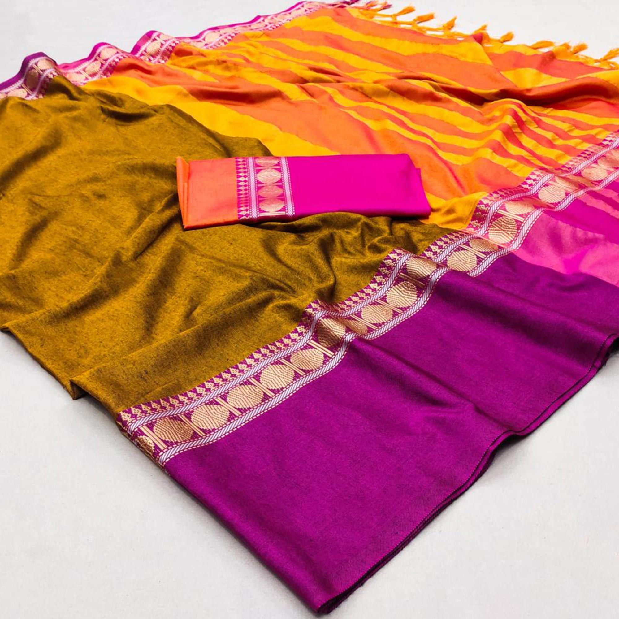 Mustard Woven Cotton Silk Saree With Tassels