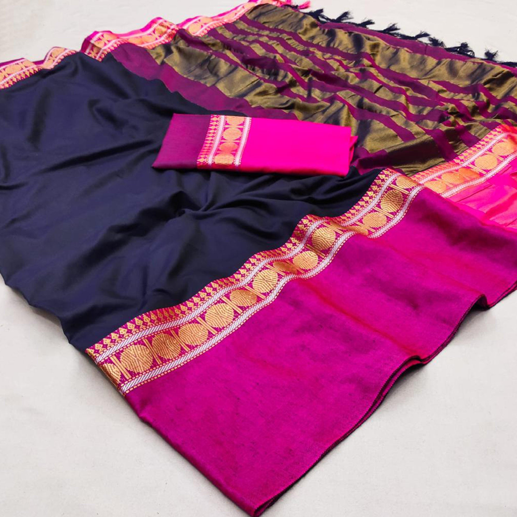 Navy Blue Woven Cotton Silk Saree With Tassels