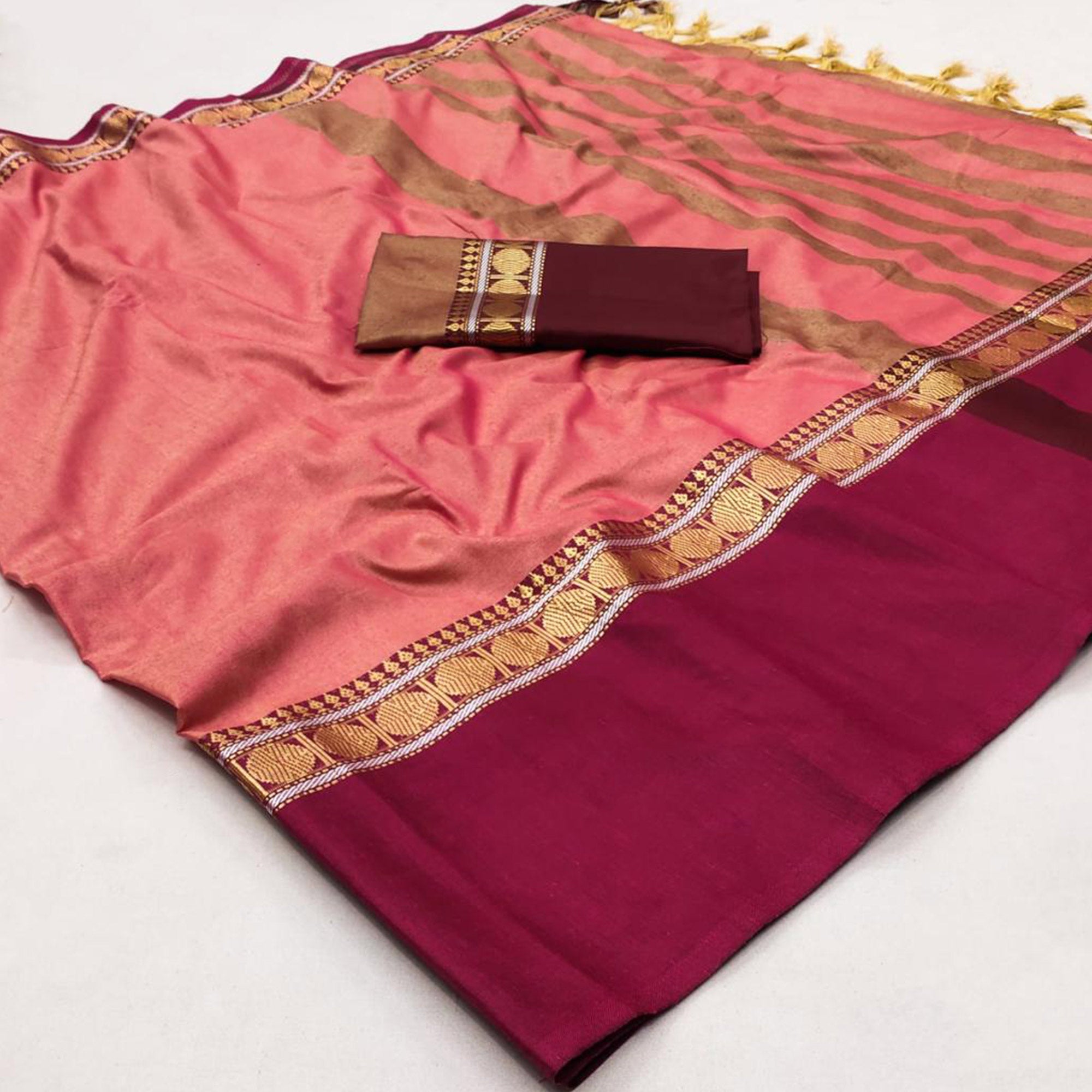 Pink Woven Cotton Silk Saree With Tassels