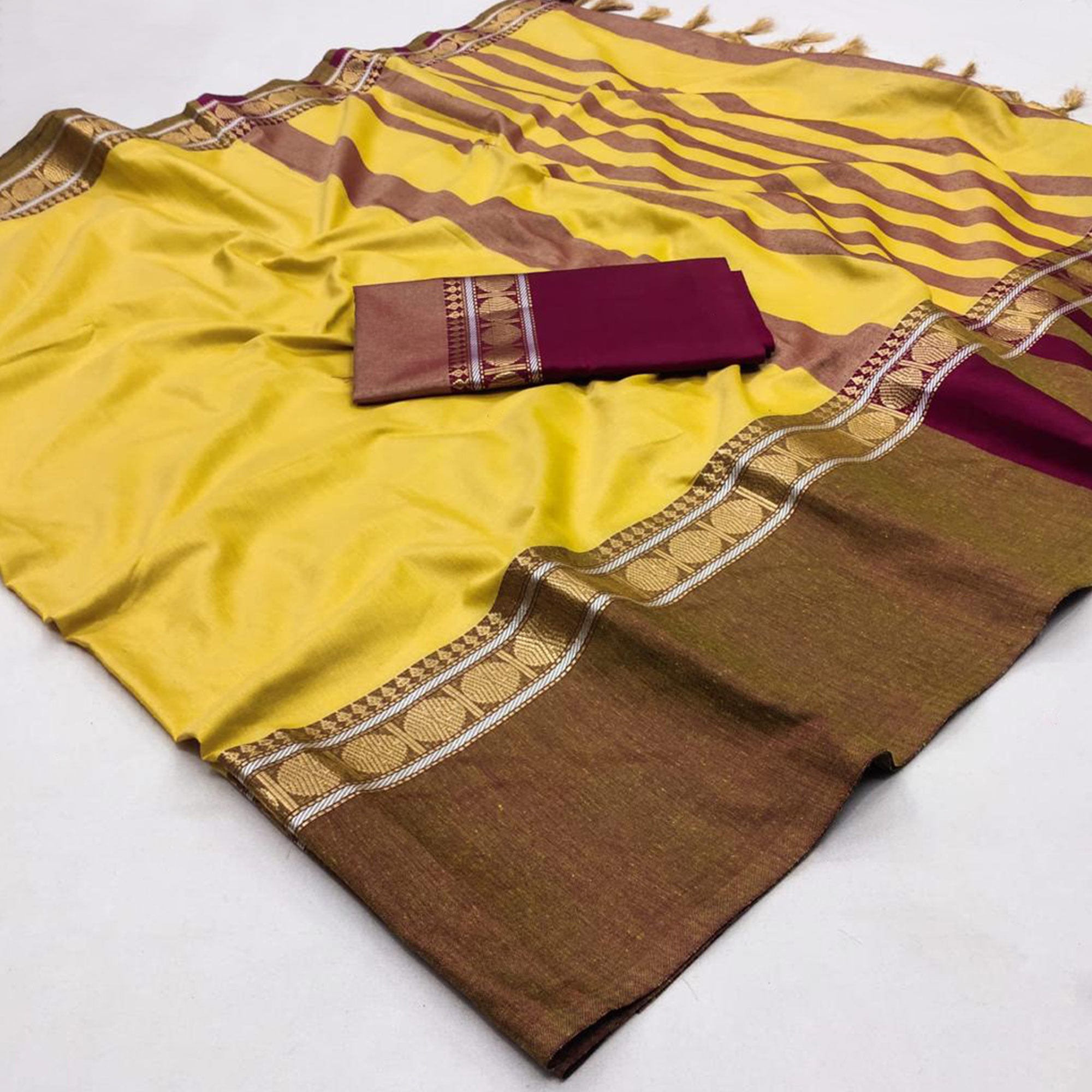 Yellow Woven Cotton Silk Saree With Tassels