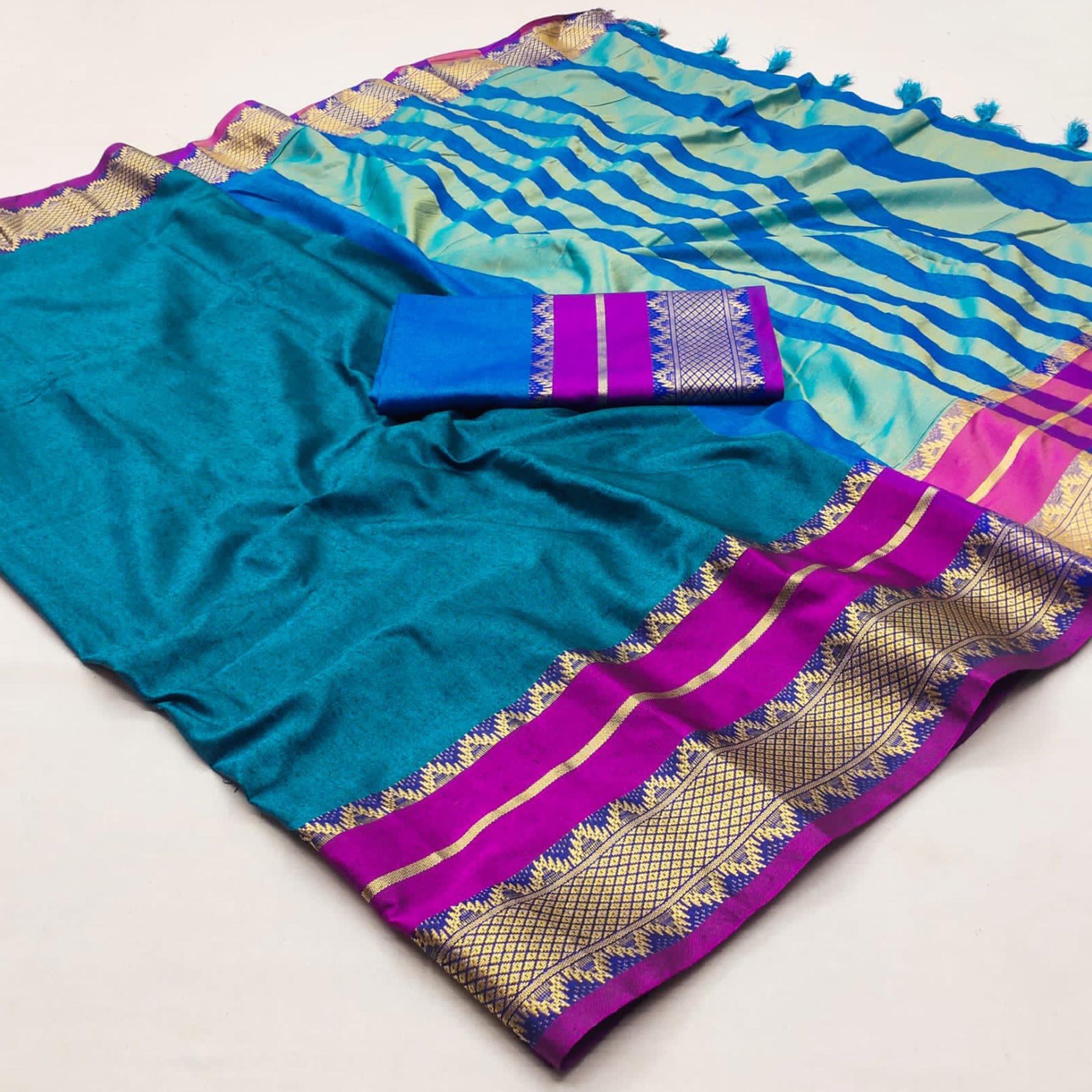 Blue Woven Cotton Silk Saree With Tassels