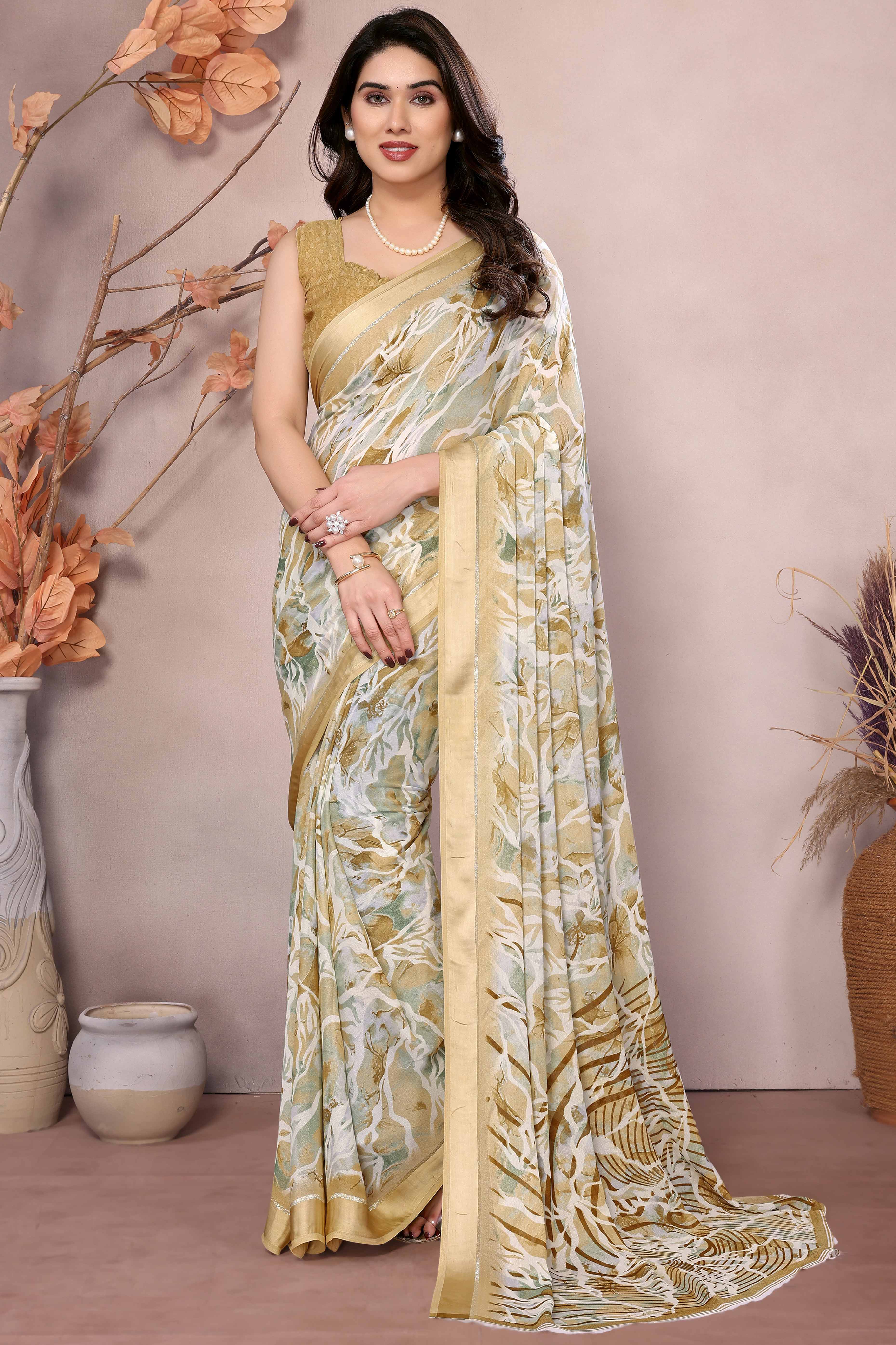 Beige Floral Printed Satin Saree