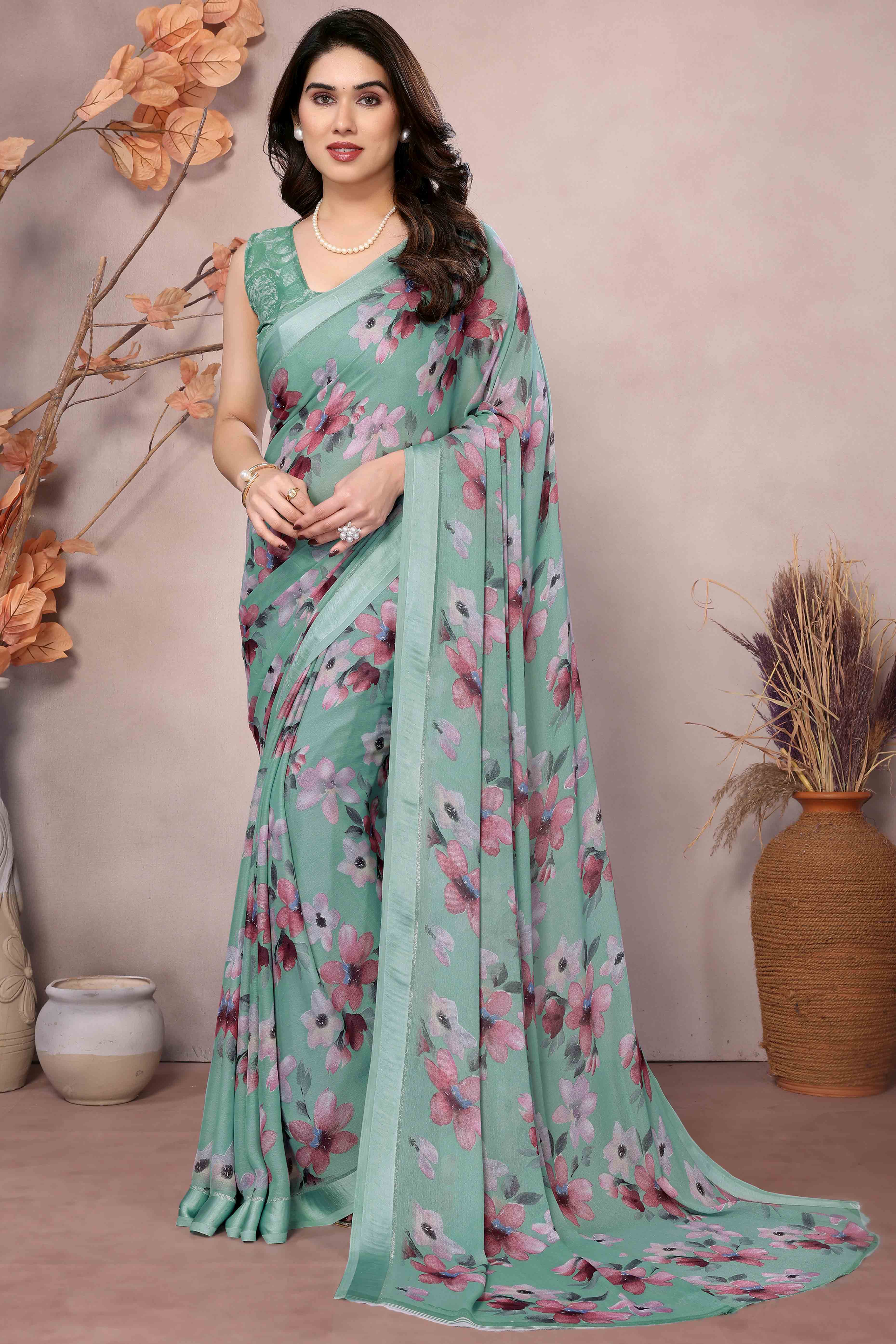 Sea Green Floral Printed Satin Saree