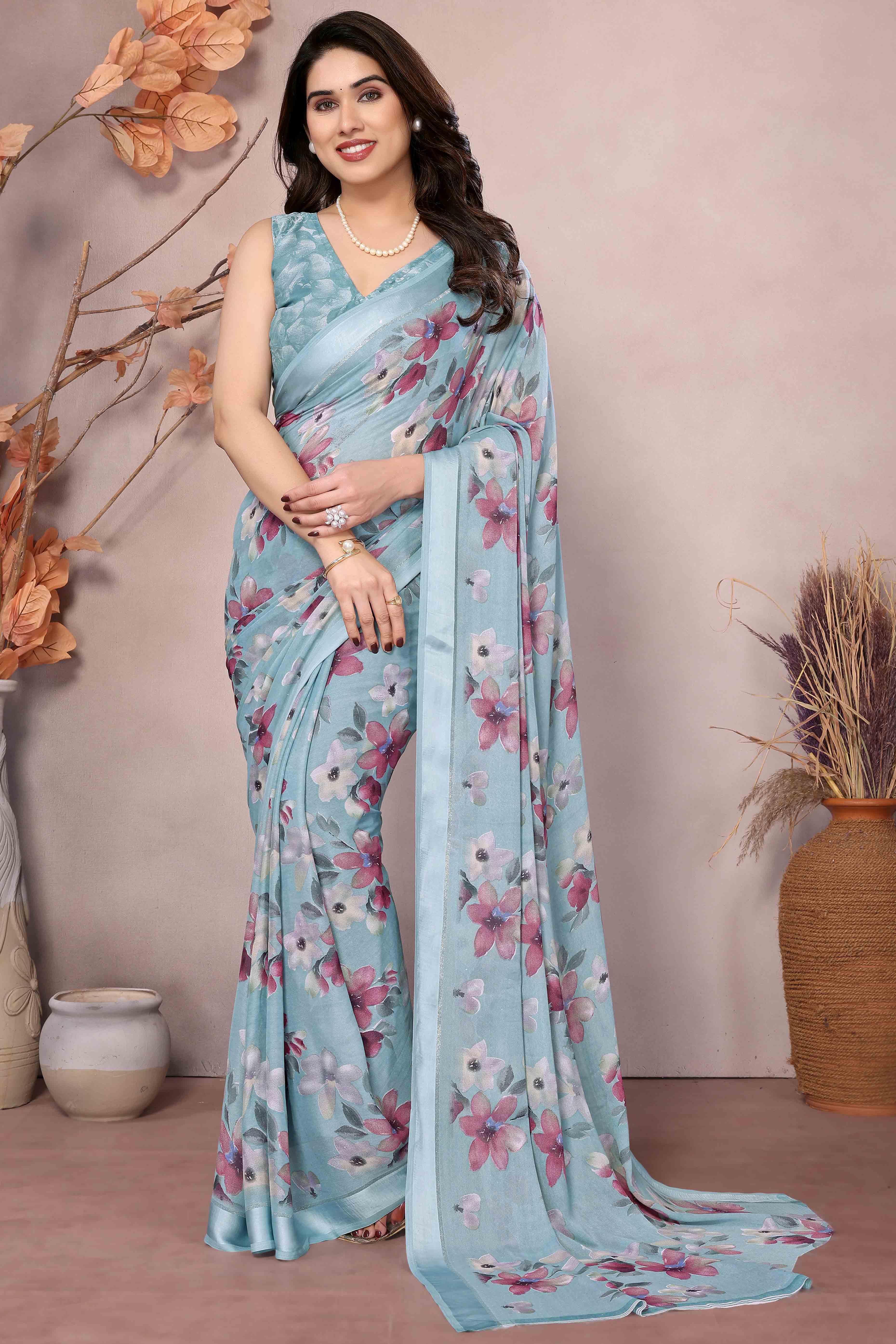 Sky Blue Floral Printed Satin Saree