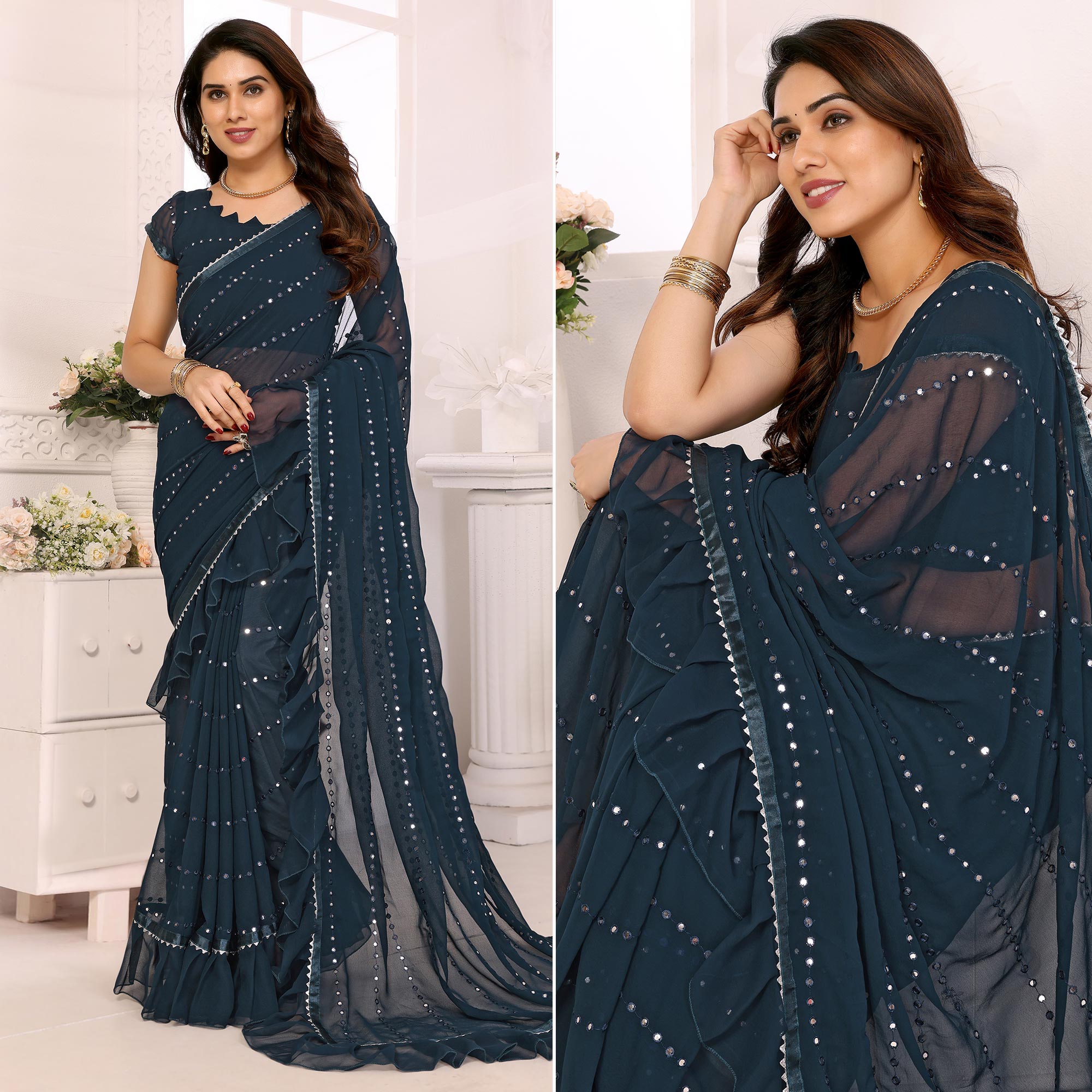 Blue Mirror Work Embroidered Georgette Saree With Ruffle Border