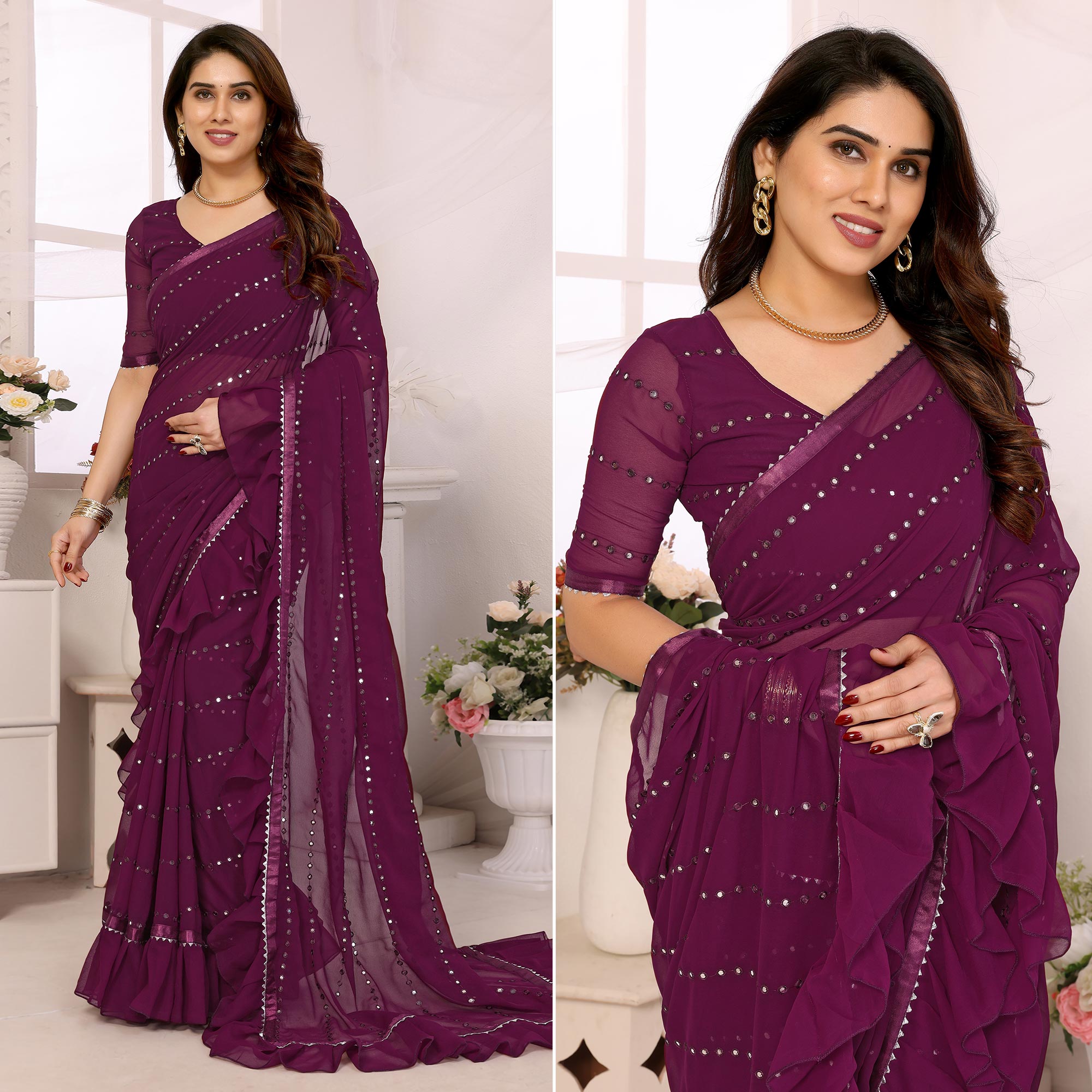 Wine Mirror Work Embroidered Georgette Saree With Ruffle Border