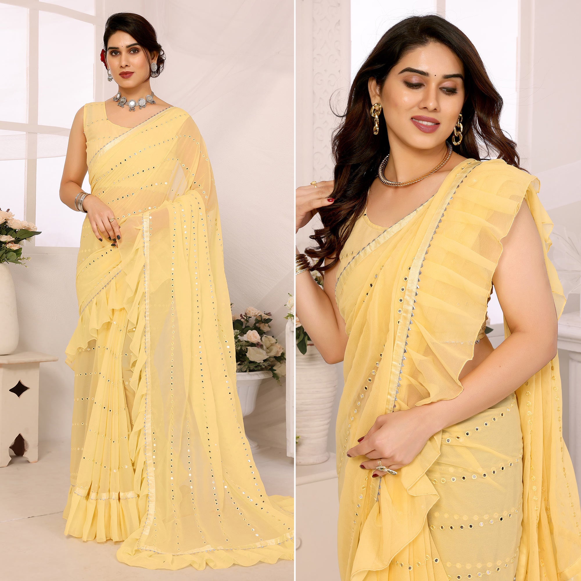 Yellow Mirror Work Embroidered Georgette Saree With Ruffle Border